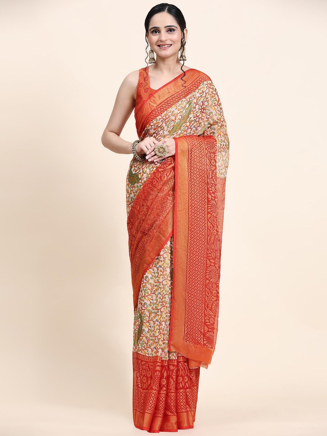 

SANJANA SILK Floral Printed Pure Georgette Saree, Red