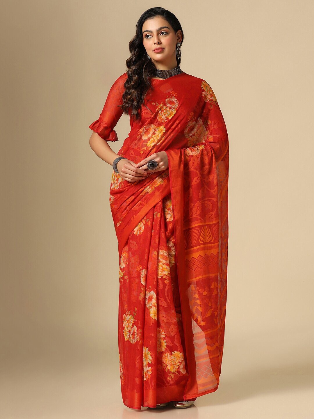 

SANJANA SILK Floral Printed Pure Georgette Saree, Red