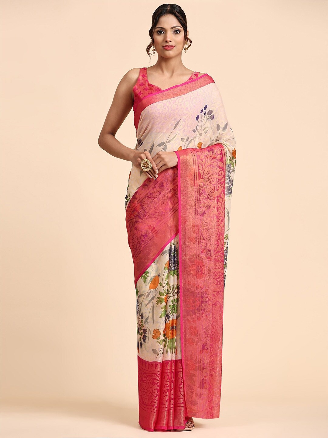 

SANJANA SILK Floral Printed Pure Georgette Saree, Pink
