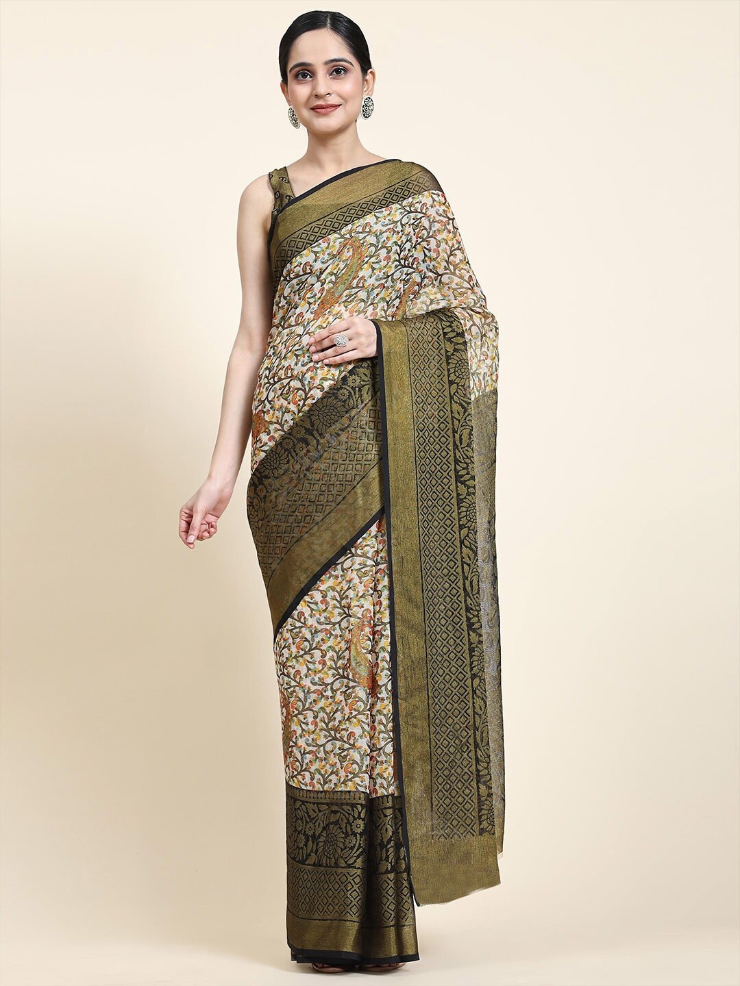 

SANJANA SILK Floral Printed Zari Pure Georgette Saree, Black