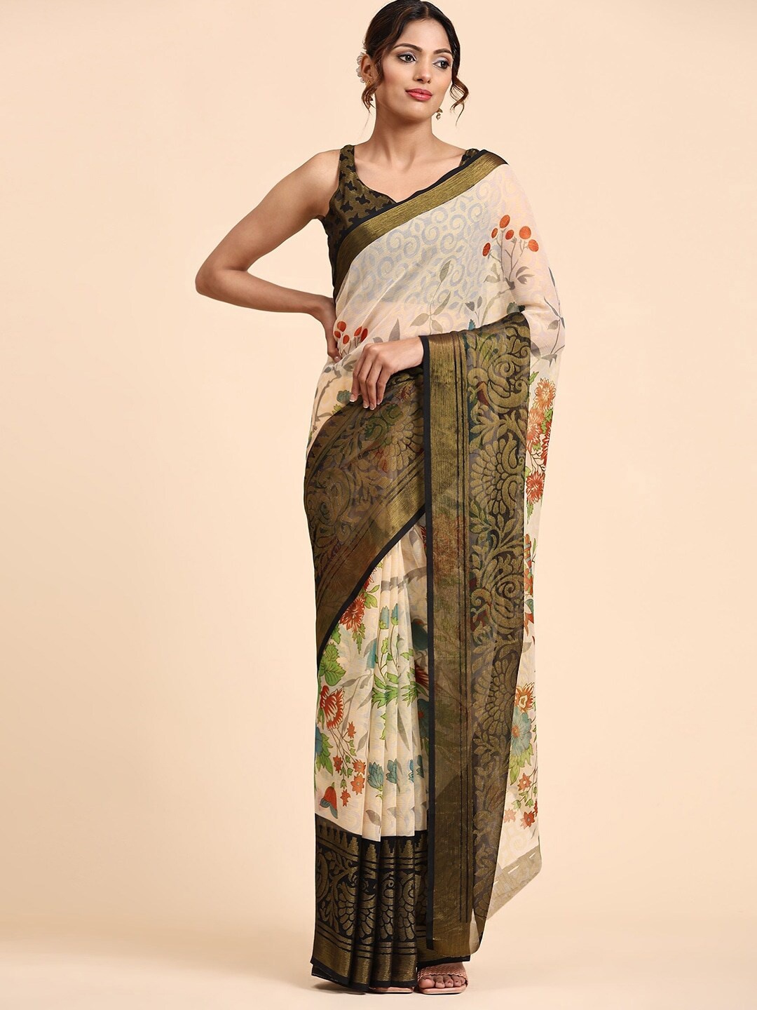 

SANJANA SILK Floral Printed Zari Pure Georgette Saree, Black