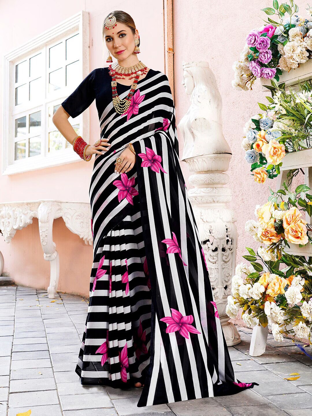 

SANJANA SILK Striped Pure Georgette Saree, Pink