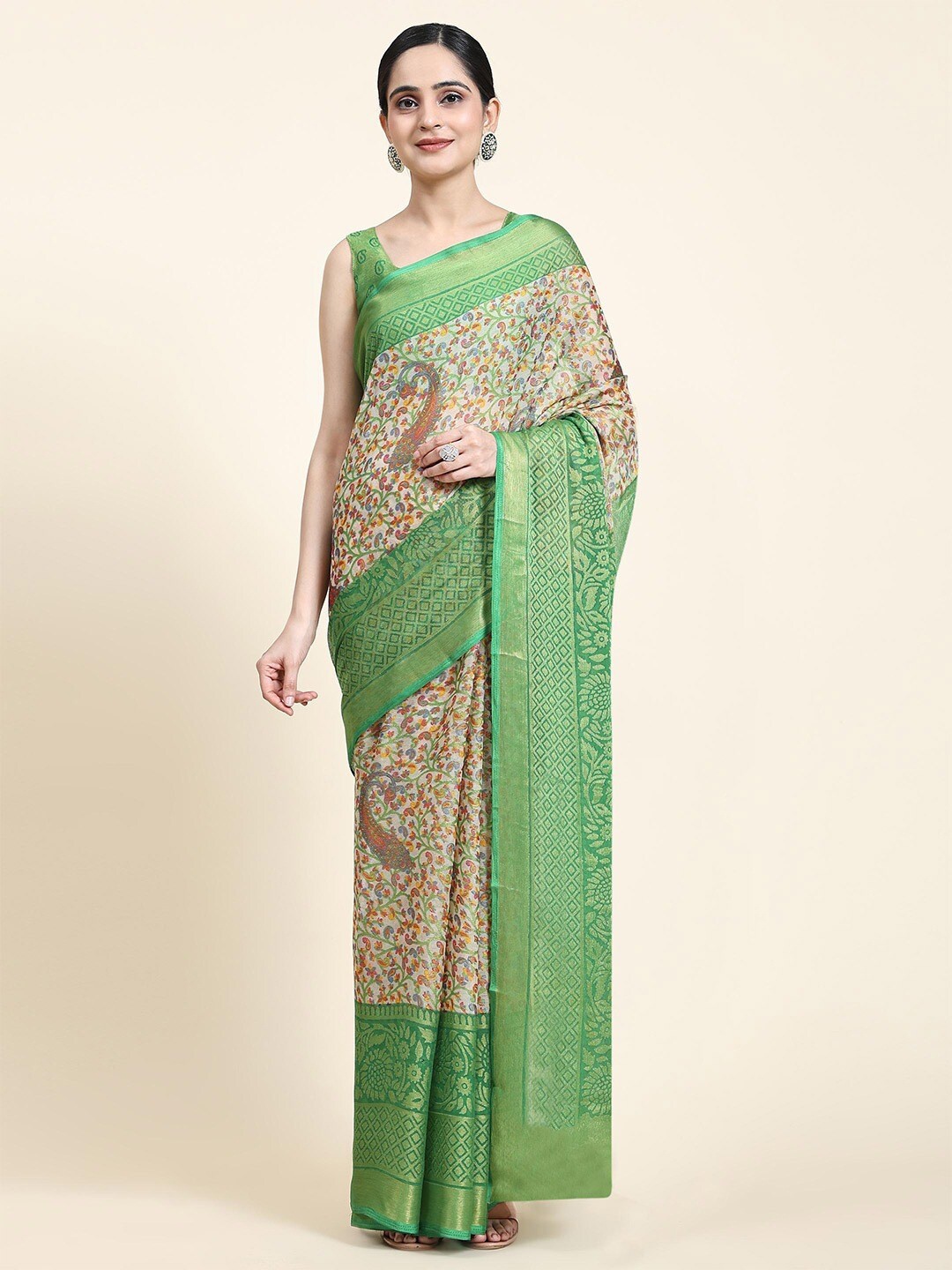 

SANJANA SILK Paisley Printed Zari Pure Chiffon Saree, Green