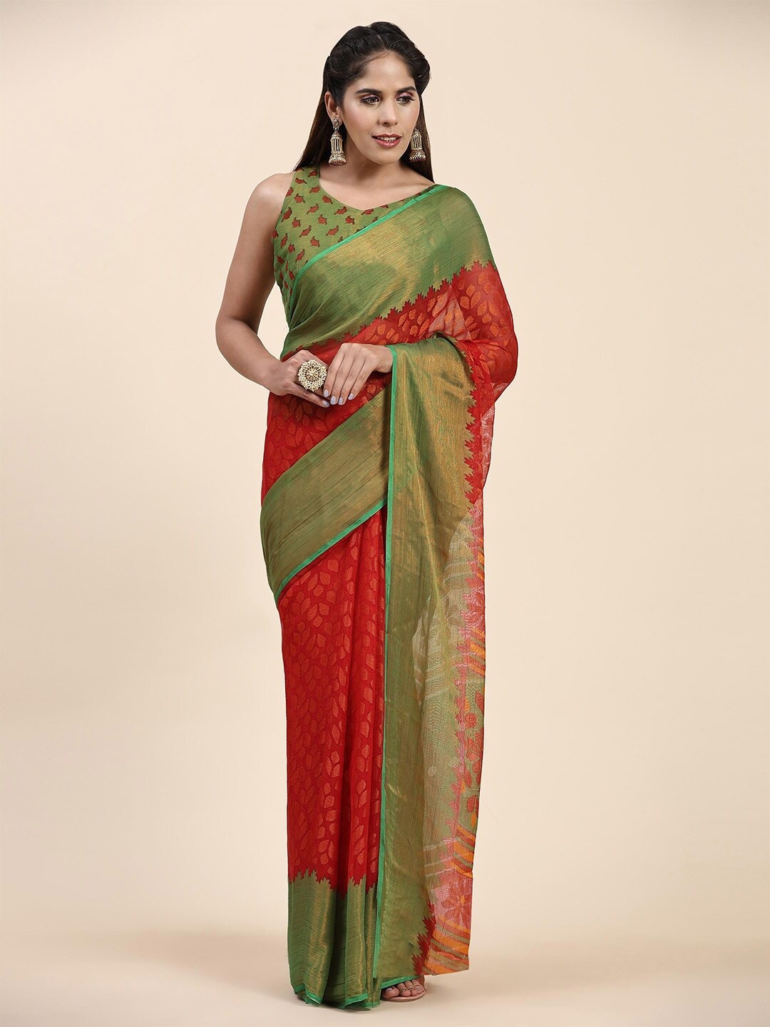 

SANJANA SILK Floral Printed Zari Pure Chiffon Saree, Red