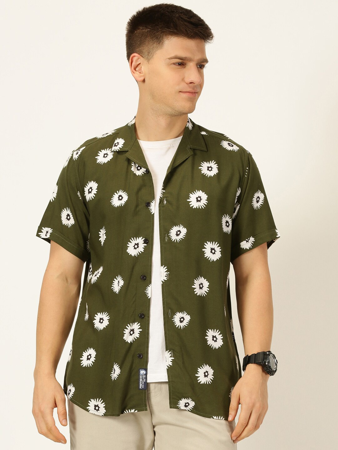 

Provogue Original Slim Fit Floral Printed Pure Cotton Casual Shirt, Olive