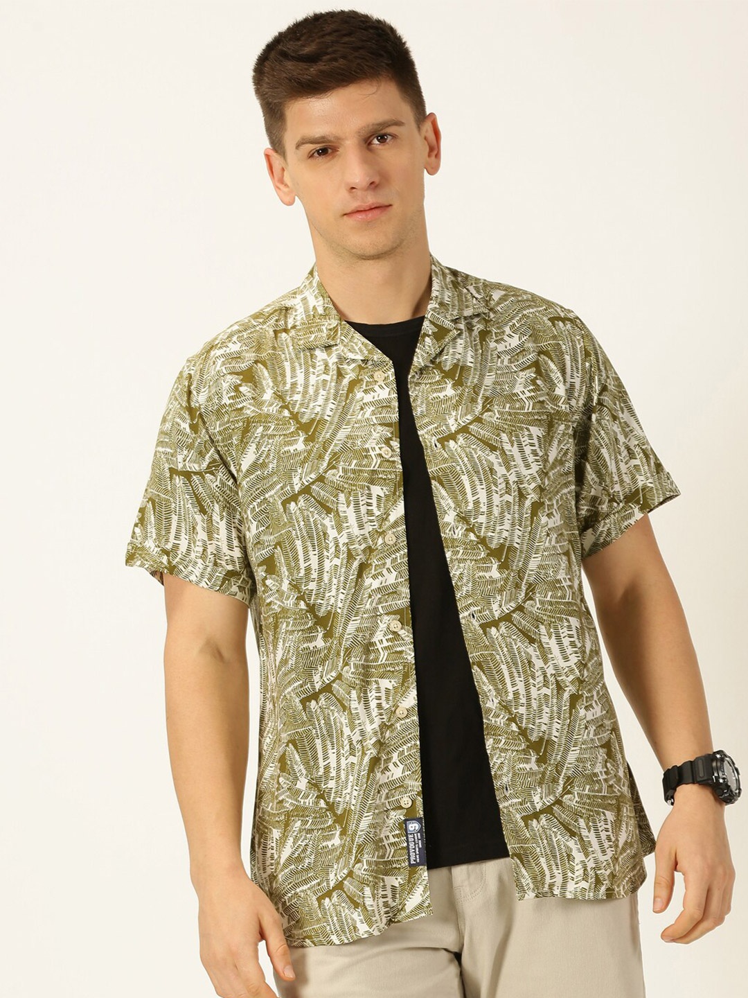 

Provogue Original Slim Fit Floral Printed Pure Cotton Casual Shirt, Green