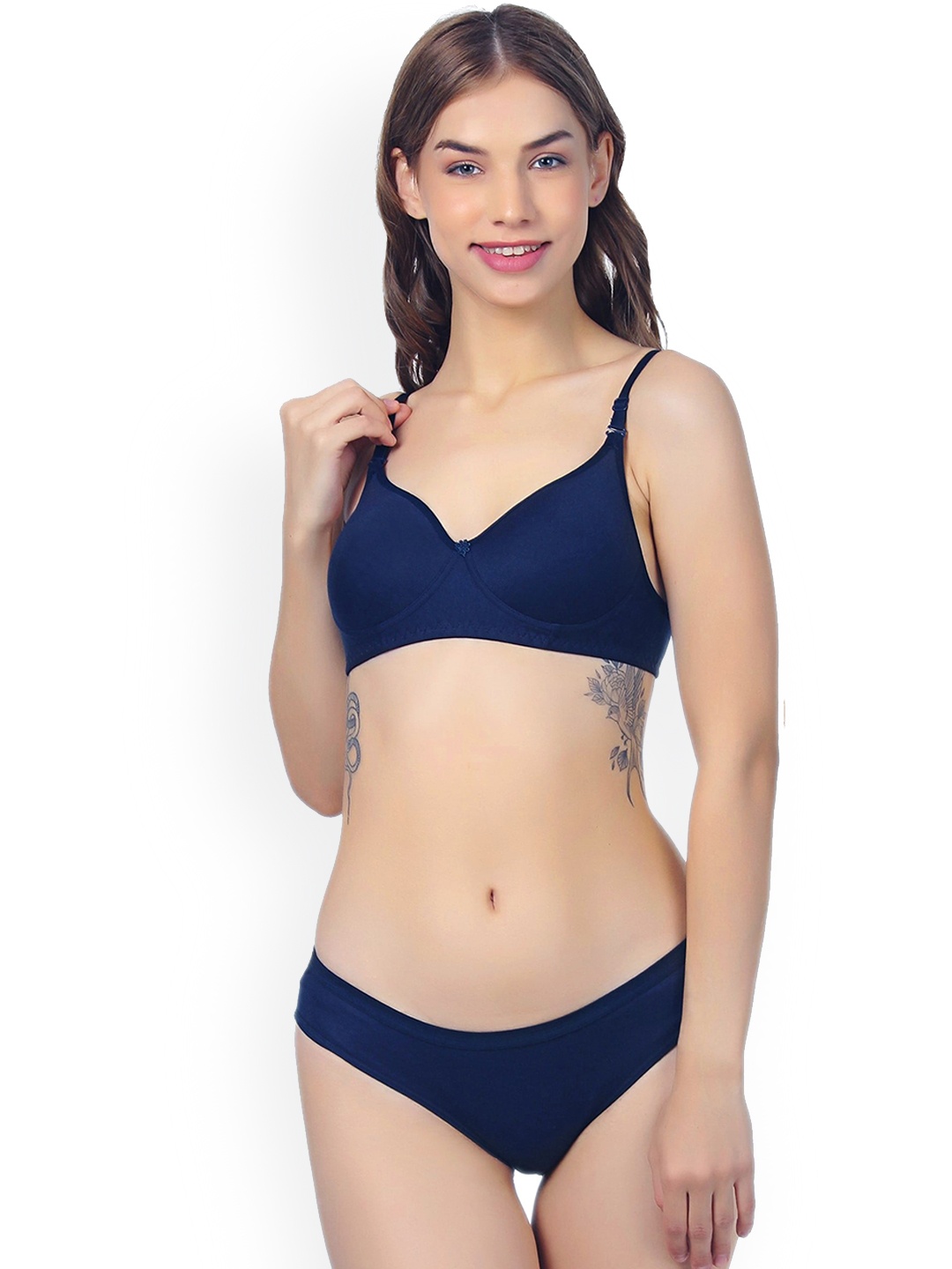 

Extoes Lightly Padded Mid-Rise Cotton Lingerie Set, Navy blue