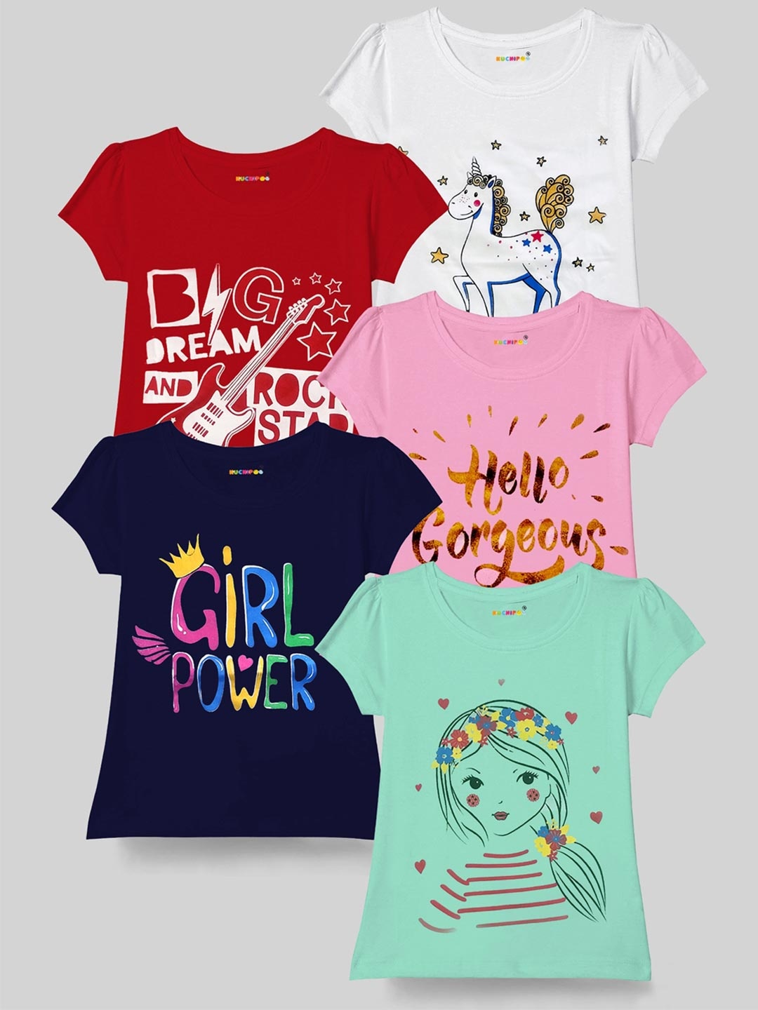 

KUCHIPOO Girls Pack Of 5 Typography Printed T-Shirt, Red
