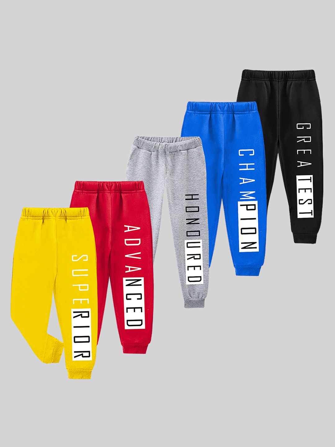 

KUCHIPOO Boys Pack of 5 Typography Printed Joggers, Yellow