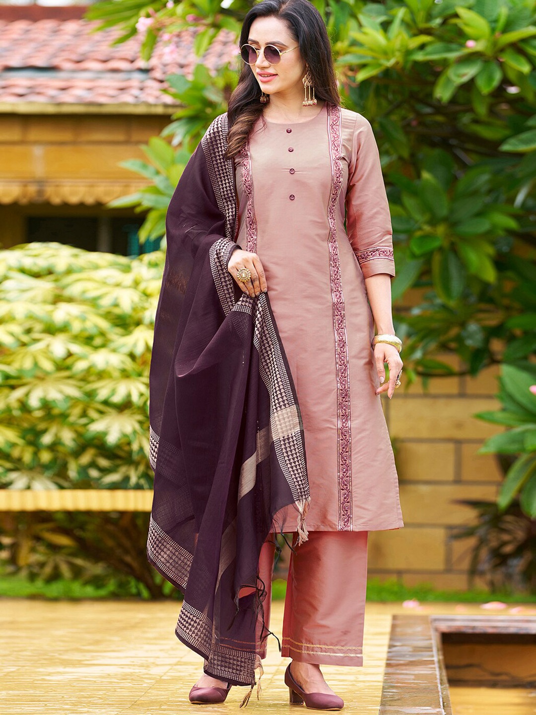 

KALINI Floral Embroidered Kurta With Palazzos & Dupatta, Peach