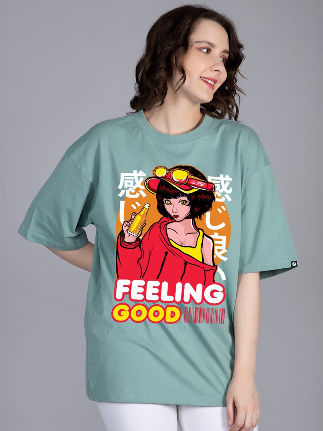 

PRONK Graphic Printed Drop Shoulder Sleeves Pure Cotton Oversized T-shirt, Green