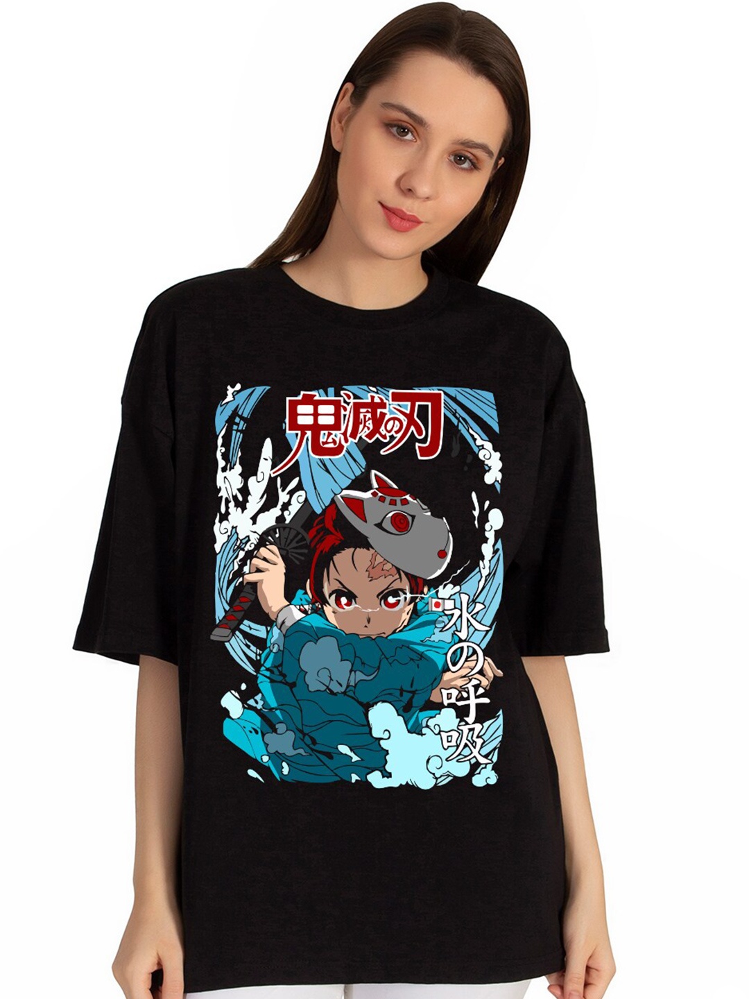 

PRONK Tanjiro Kitsune Mask Printed Drop Shoulder Sleeves Pure Cotton Oversized T-shirt, Black