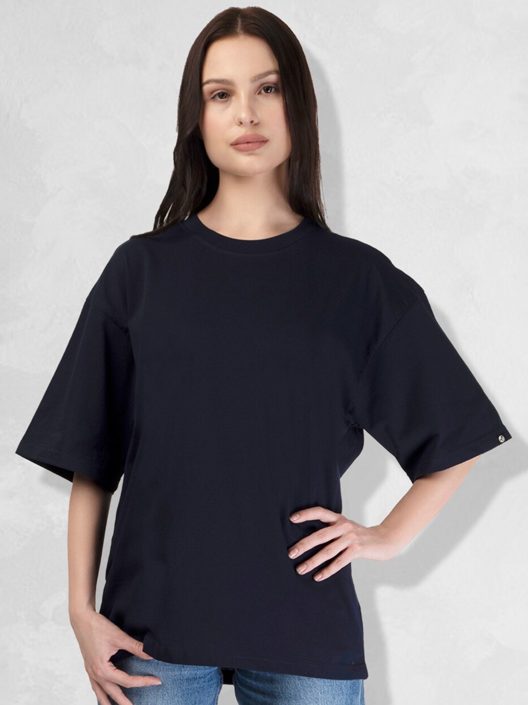 

PRONK Drop Shoulder Sleeves Pure Cotton Oversized T-shirt, Navy blue