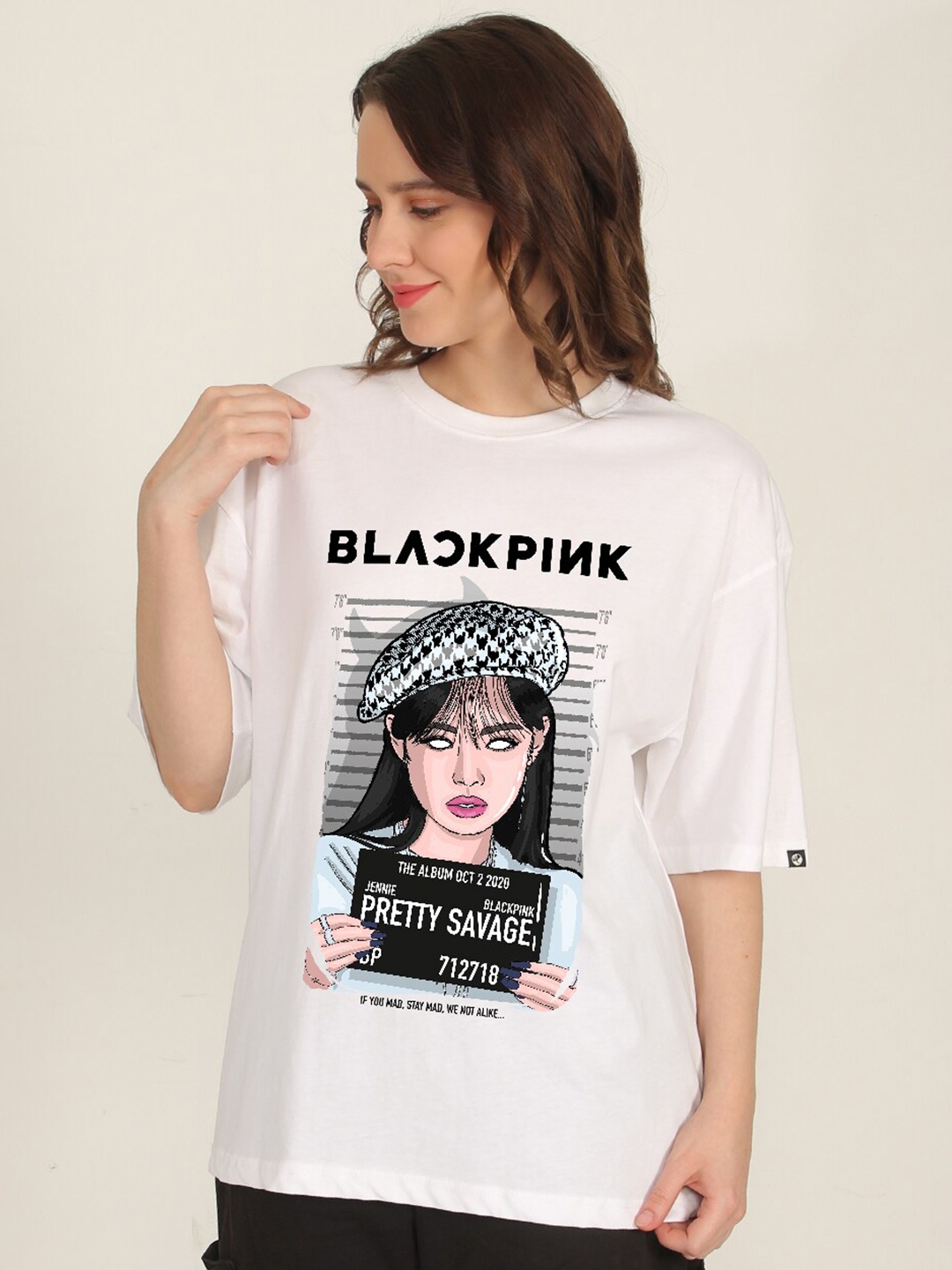 

PRONK Graphic Printed Drop Shoulder Sleeves Pure Cotton Oversized T-shirt, White