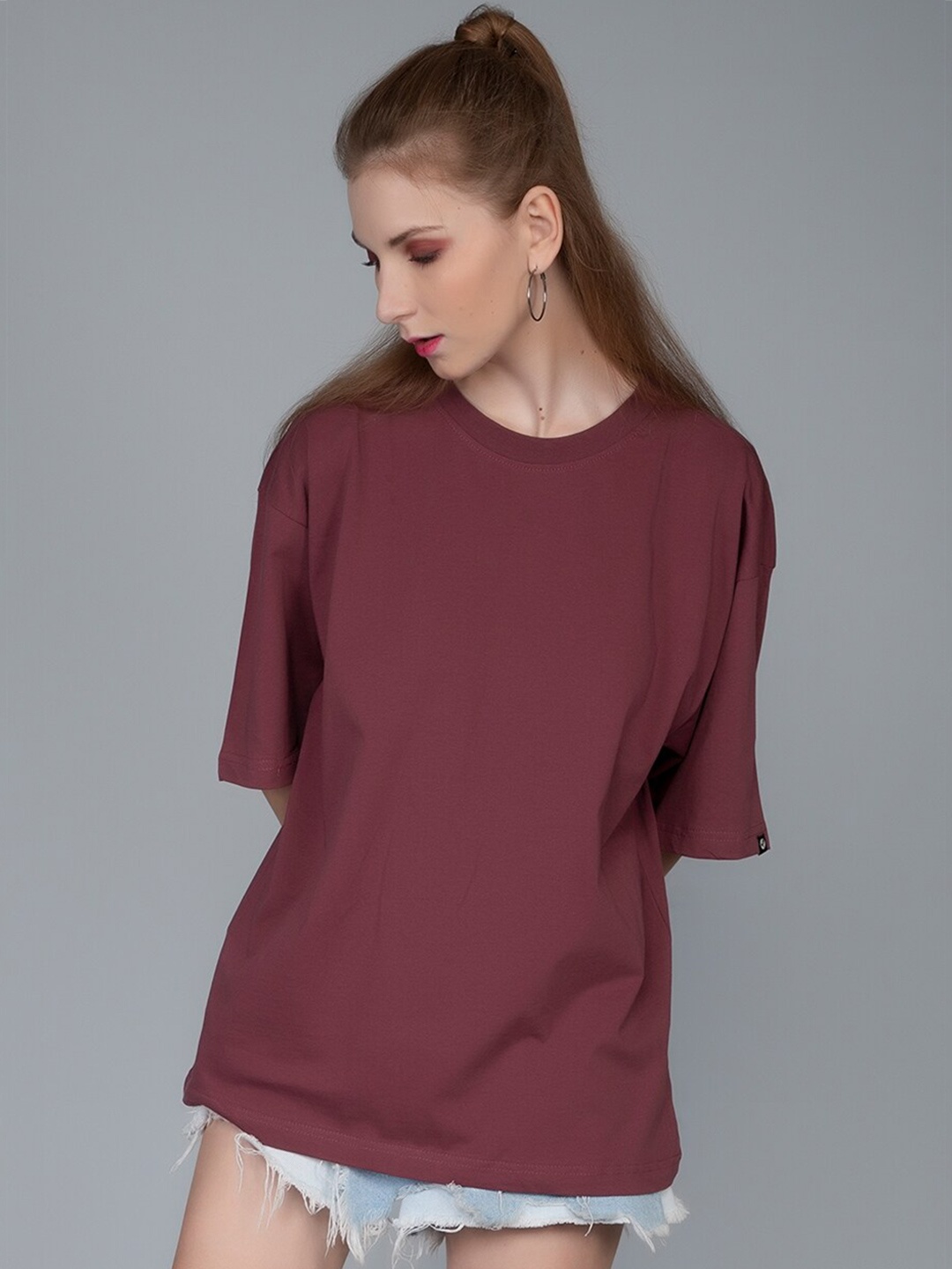 

PRONK Drop Shoulder Sleeves Pure Cotton Oversized T-shirt, Mauve