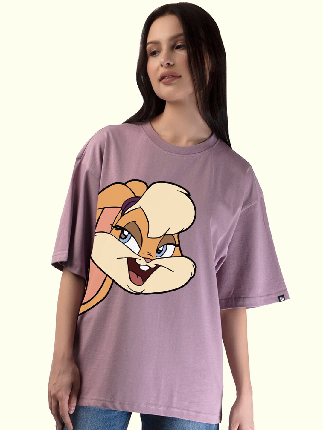 

PRONK Lola Bunny Printed Drop Shoulder Sleeves Pure Cotton Oversized T-shirt, Lavender