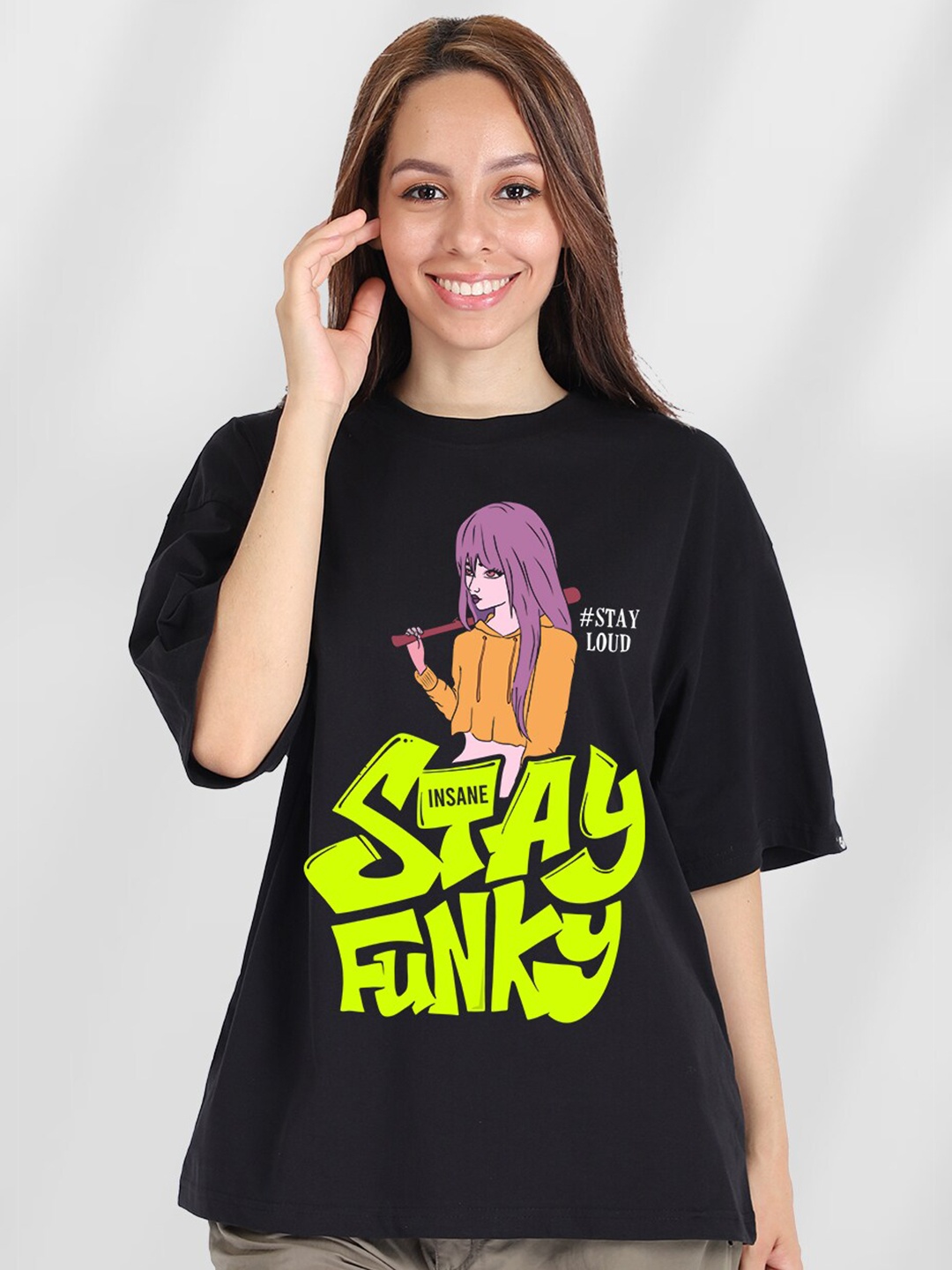 

PRONK Graphic Printed Drop Shoulder Sleeves Pure Cotton Oversized T-shirt, Black