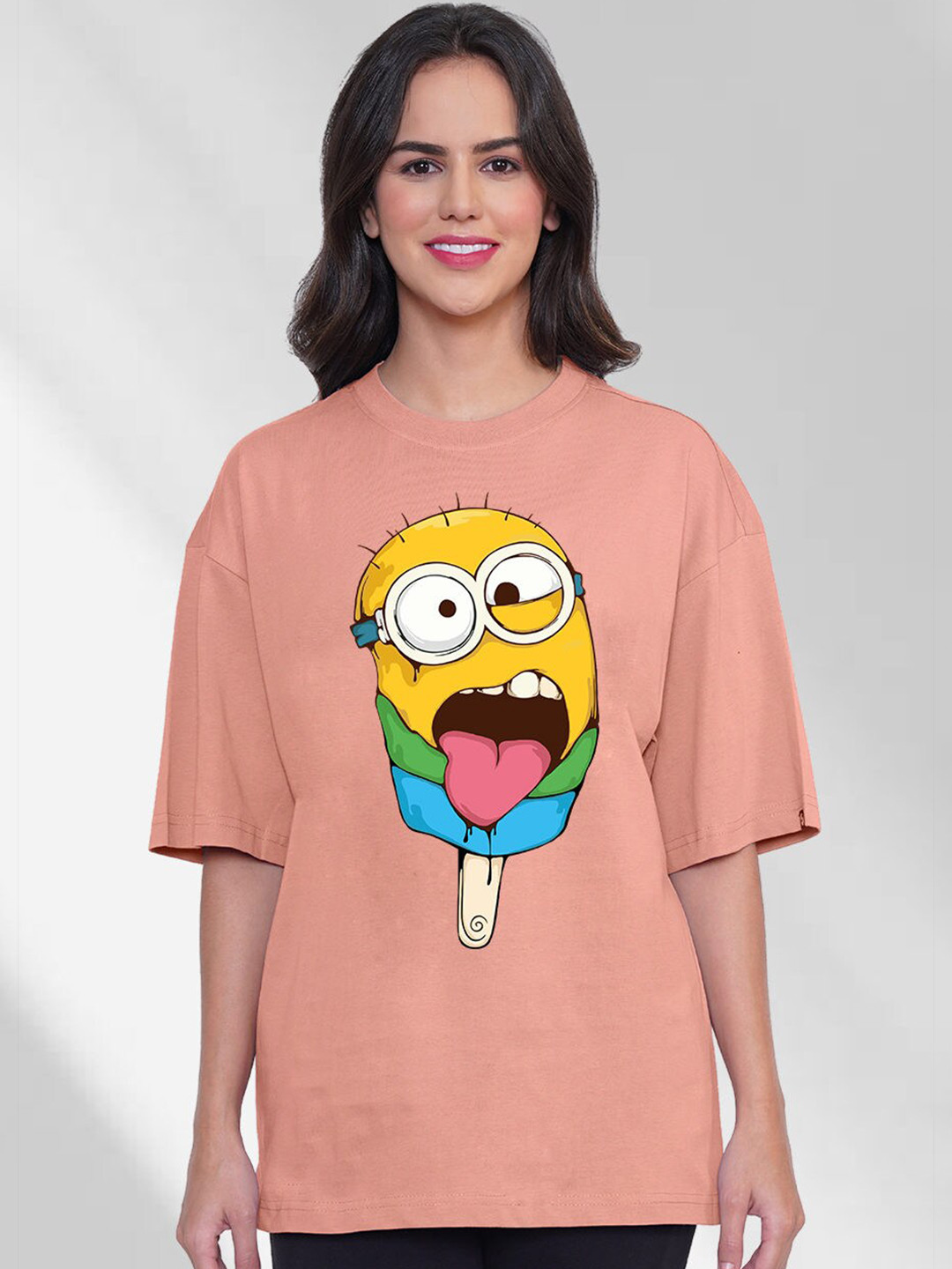 

PRONK Minion Printed Drop Shoulder Sleeves Pure Cotton Oversized T-shirt, Pink