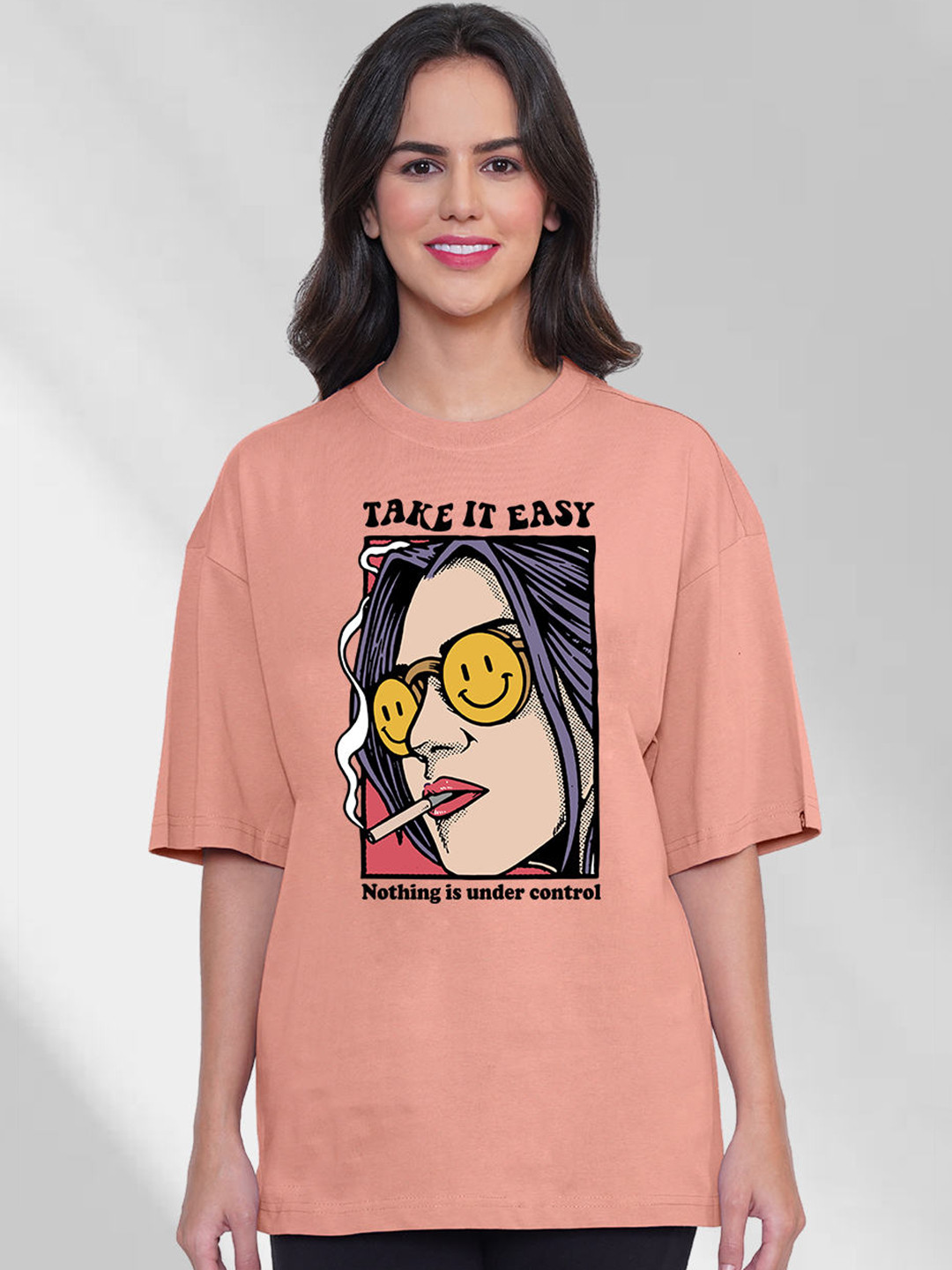 

PRONK Graphic Printed Drop Shoulder Sleeves Pure Cotton Oversized T-shirt, Pink