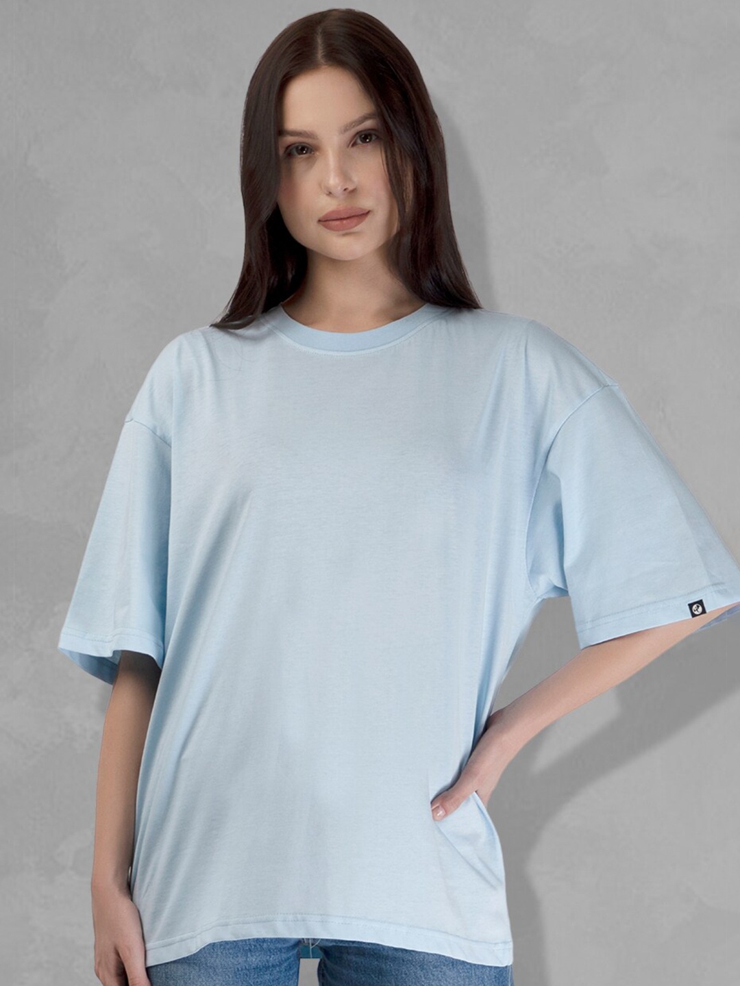 

PRONK Drop Shoulder Sleeves Pure Cotton Oversized T-shirt, Blue