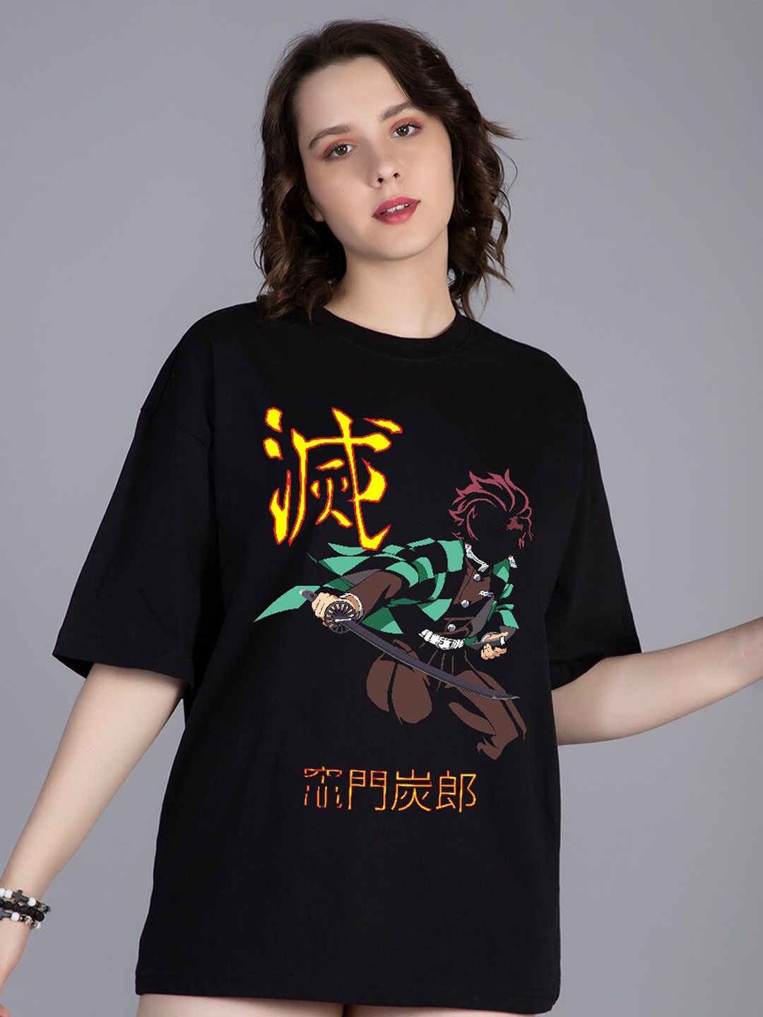 

PRONK Demon Tanjiro Anime Printed Drop Shoulder Sleeves Pure Cotton Oversized T-shirt, Black