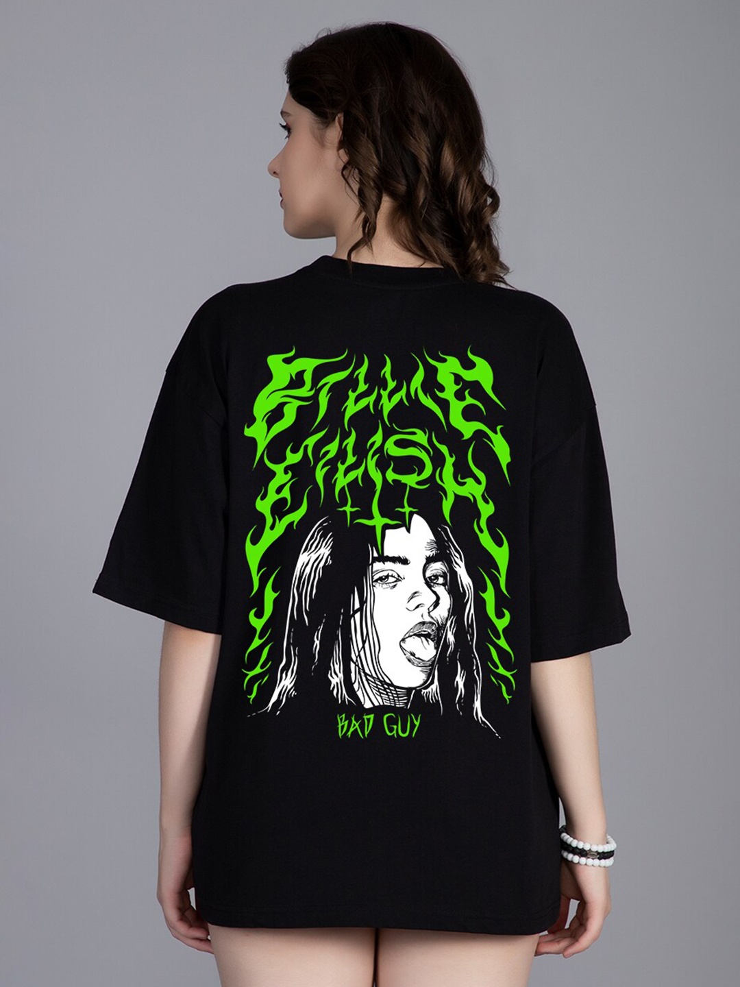 

PRONK Graphic Printed Drop Shoulder Sleeves Pure Cotton Oversized T-shirt, Black