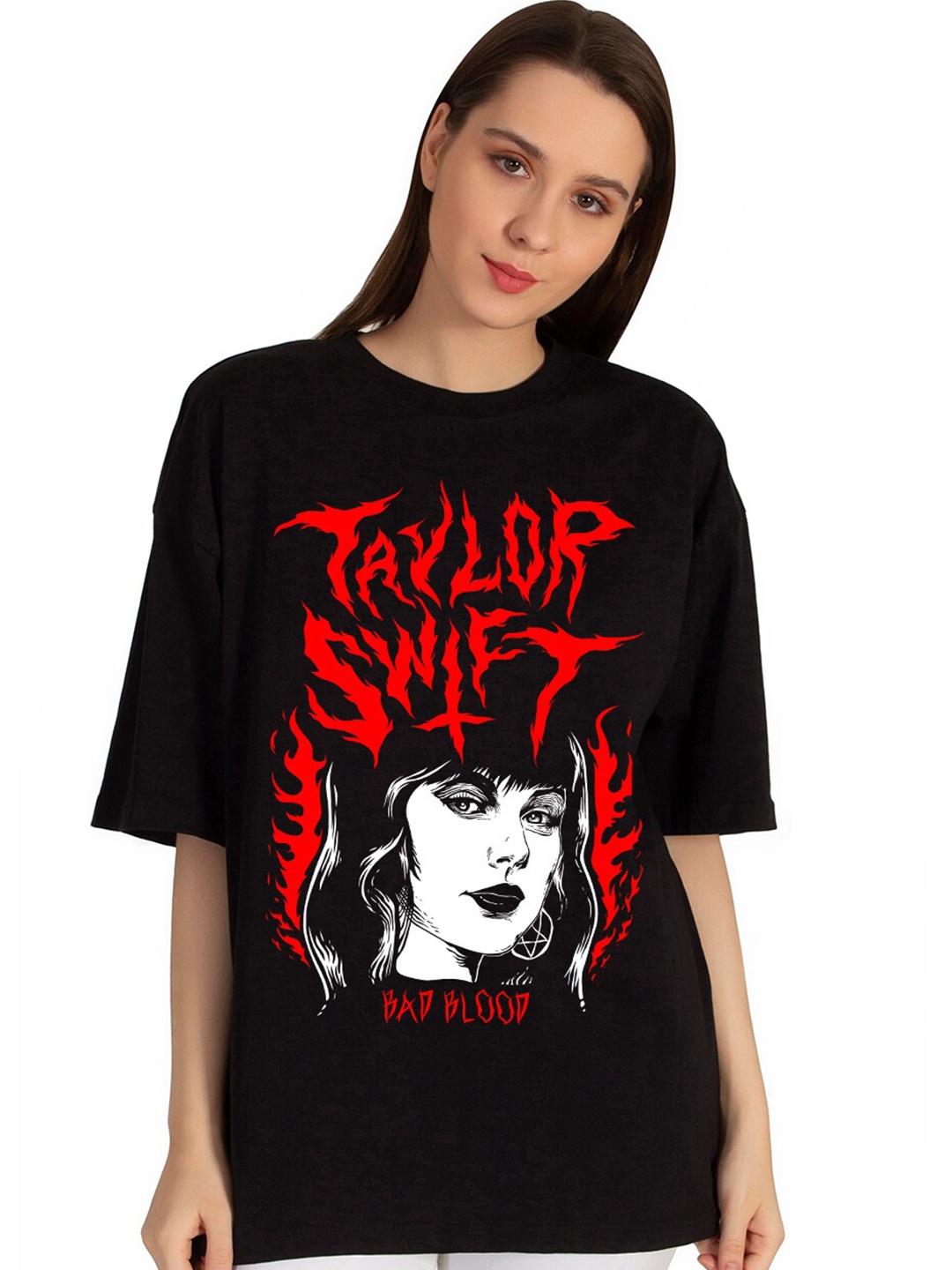 

PRONK Typography Printed Drop Shoulder Sleeves Pure Cotton Oversized T-shirt, Black