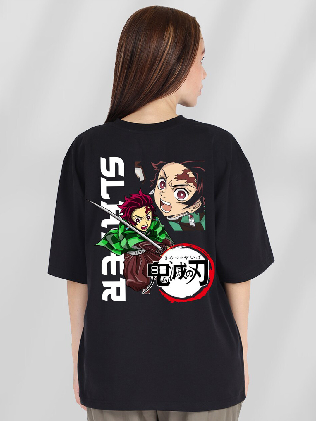 

PRONK Anime Printed Drop Shoulder Sleeves Pure Cotton Oversized T-shirt, Black