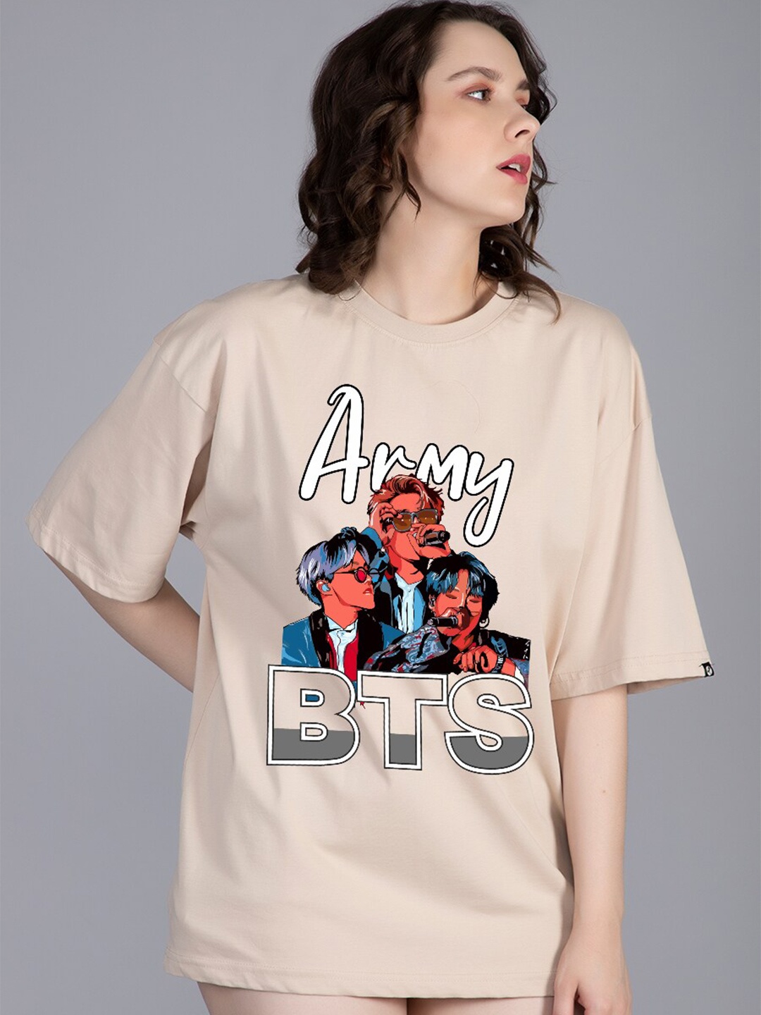 

PRONK Army Printed Drop-Shoulder Sleeves Pure Cotton Oversized T-shirt, Beige