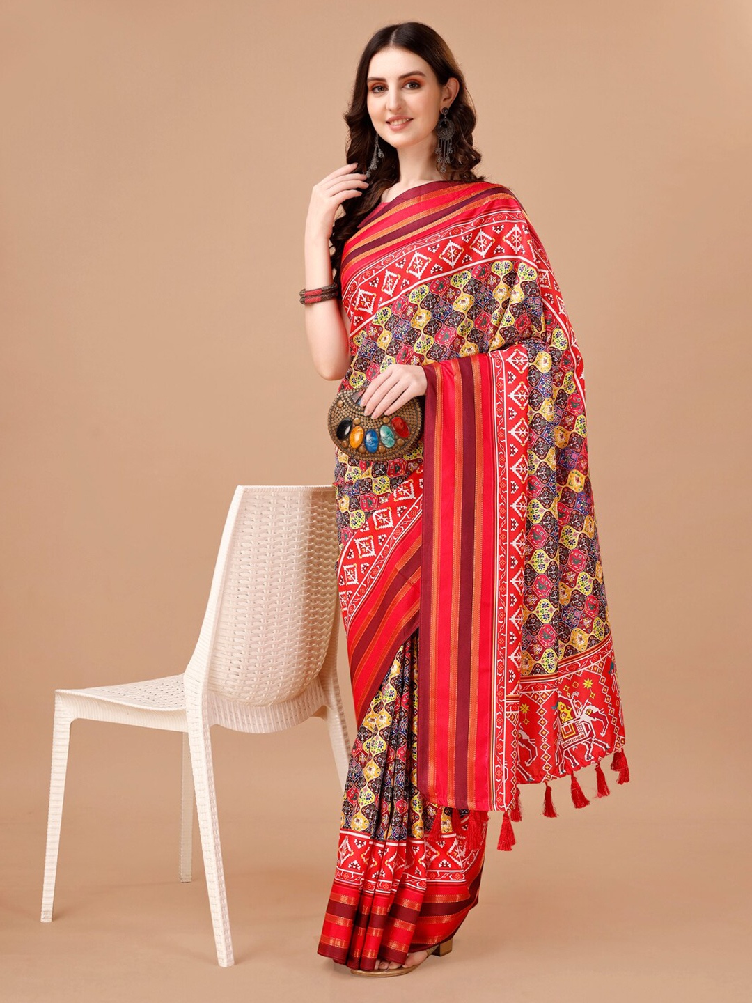 

JUST FASHION Ajrak Printed Saree, Red