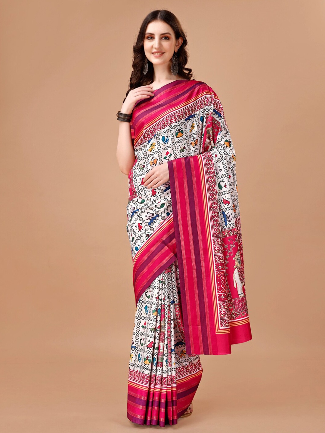 

JUST FASHION Ethnic Motifs Printed Zari Banarasi Saree, White