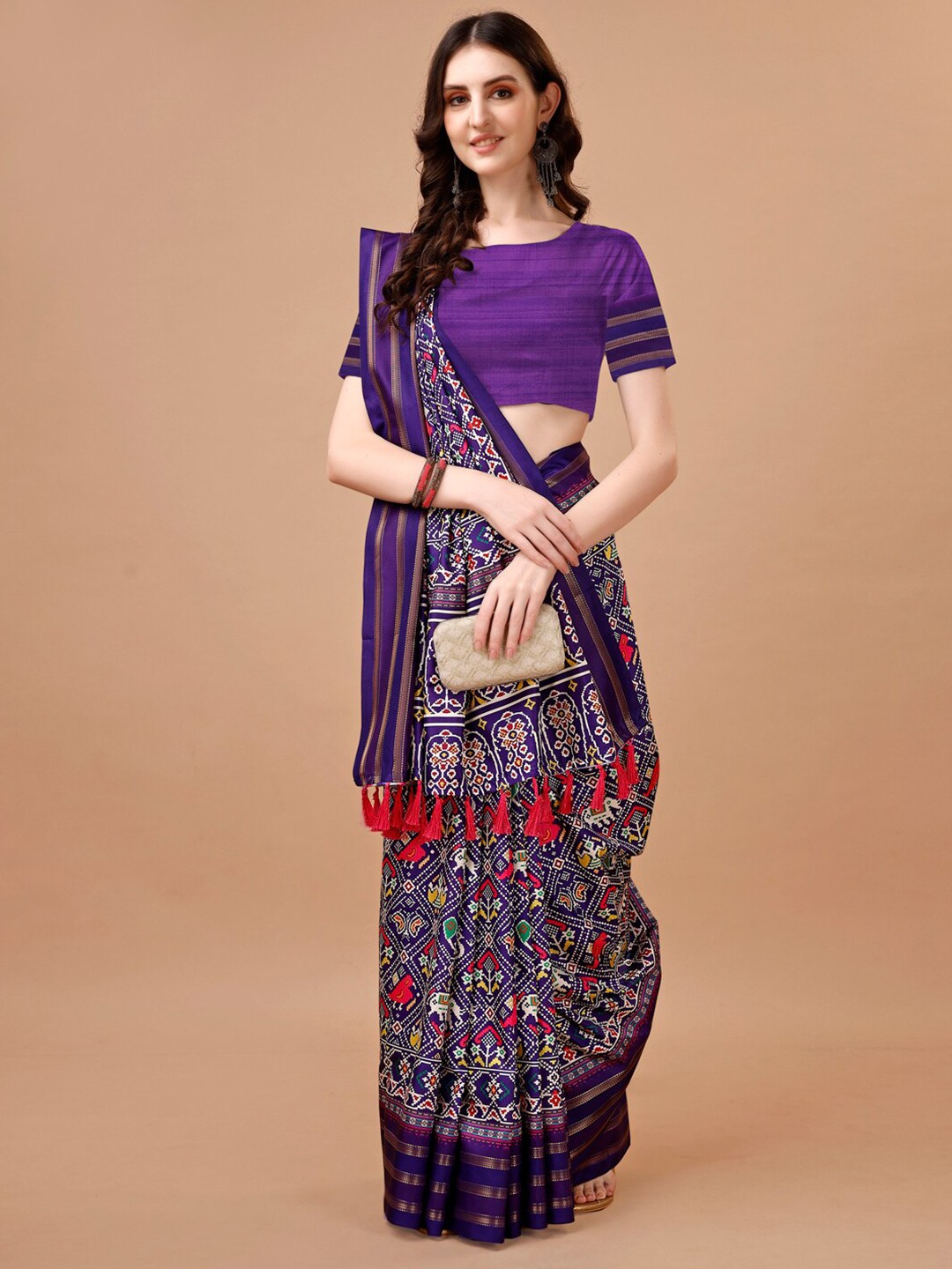 

JUST FASHION Ethnic Motifs Printed Zari Banarasi Saree, Purple