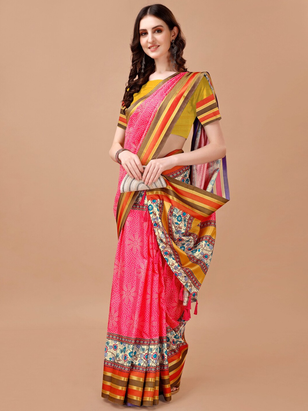 

JUST FASHION Ethnic Motifs Printed Zari Banarasi Saree, Pink