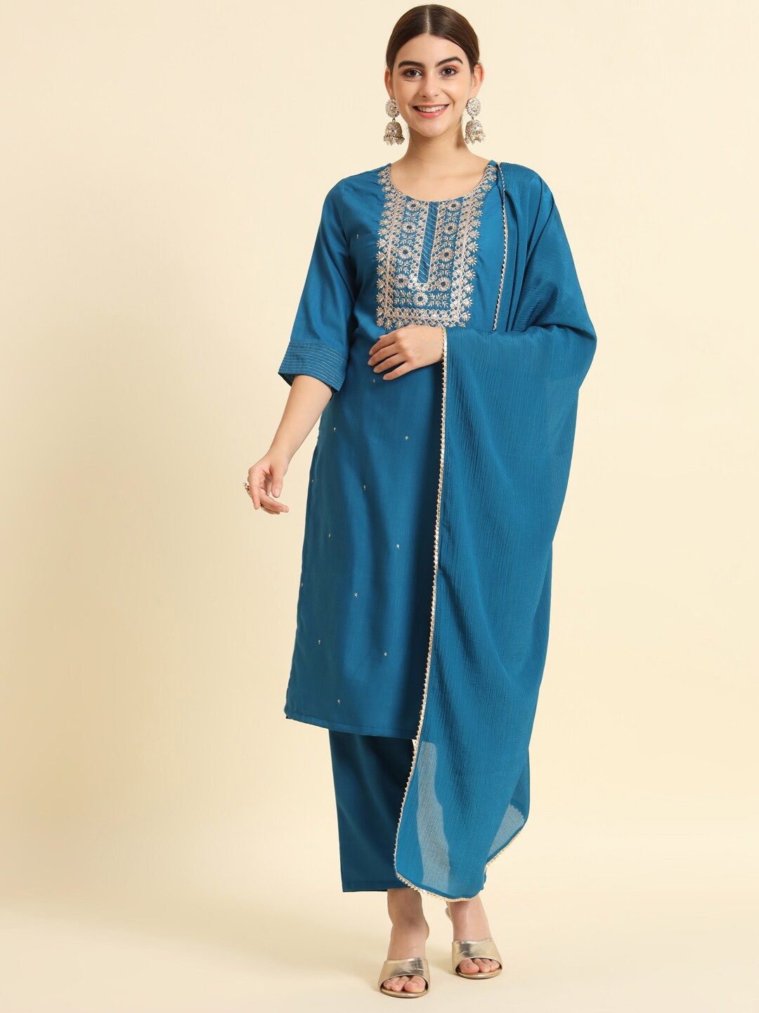 

THE52 Floral Yoke Design Sequinned Kurta With Trousers & Dupatta, Teal