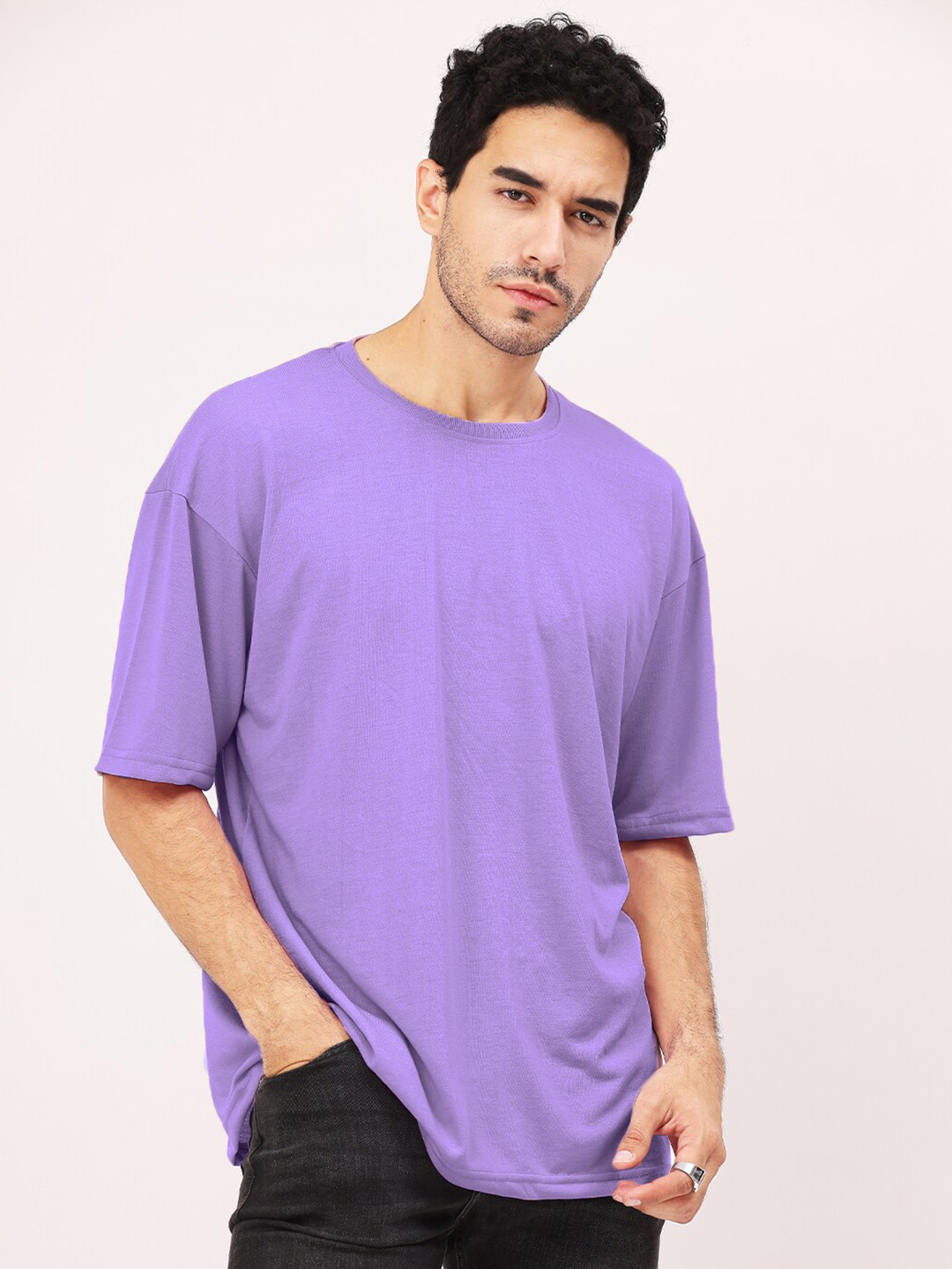 

Leotude Round Neck Drop Shoulder Sleeves T-Shirt, Purple