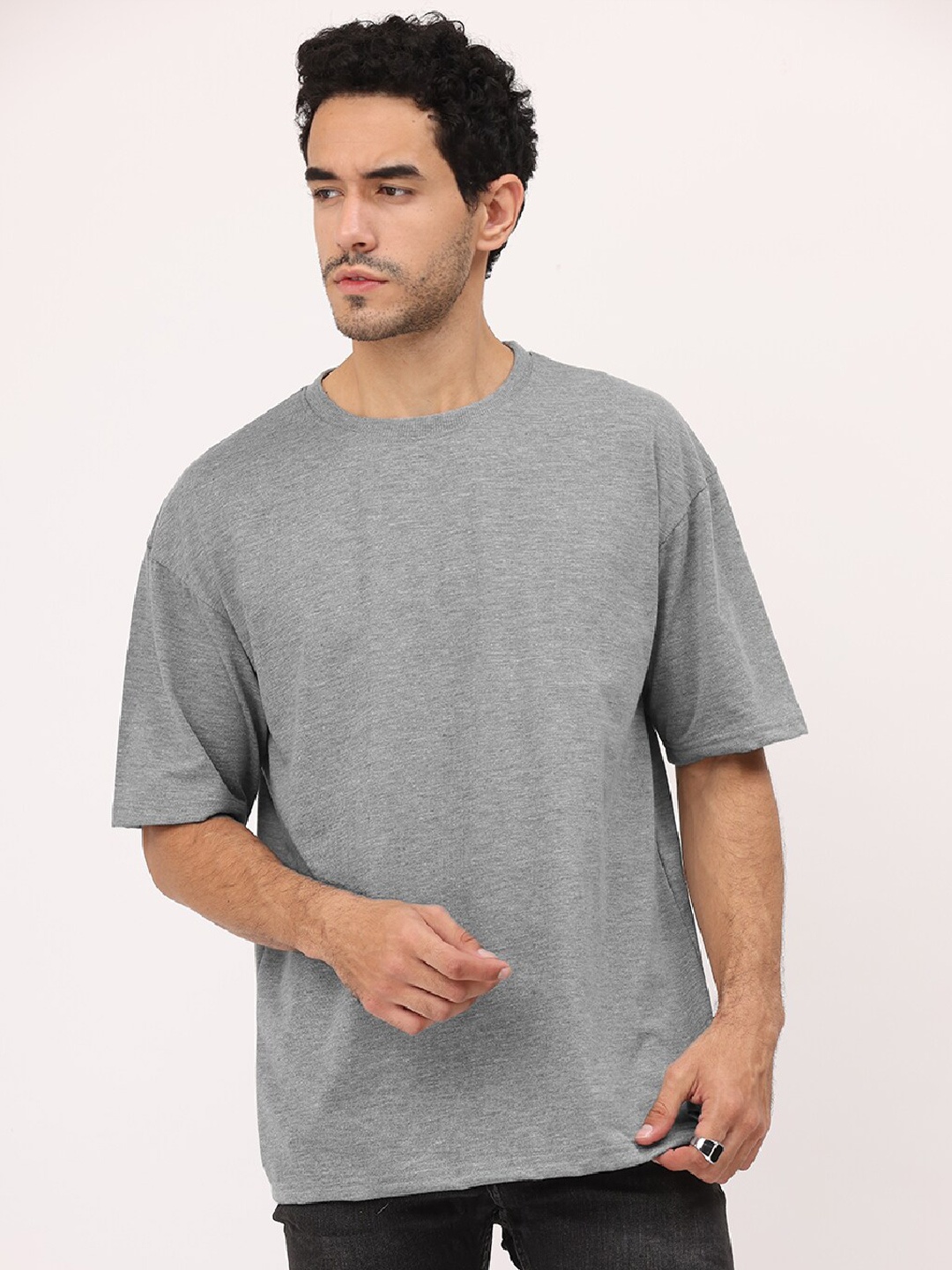 

Leotude Round Neck Drop Shoulder Sleeves T-Shirt, Grey