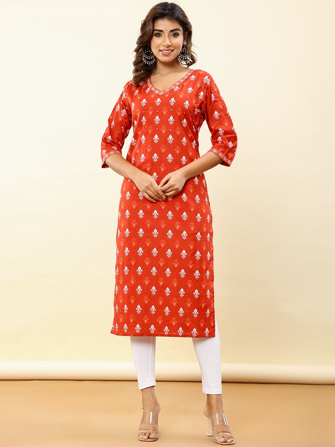 

KALINI Women Geometric Flared Sleeves Mirror Work Kurta, Red