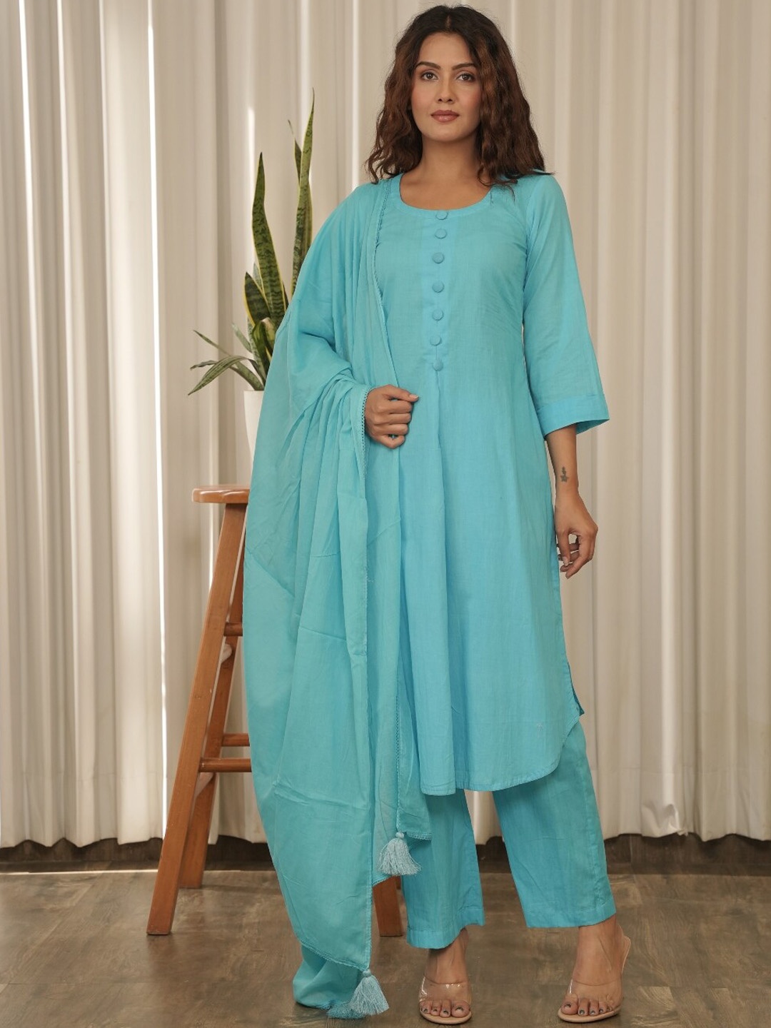 

OneWe Pure Cotton Kurta With Trousers & Dupatta, Turquoise blue