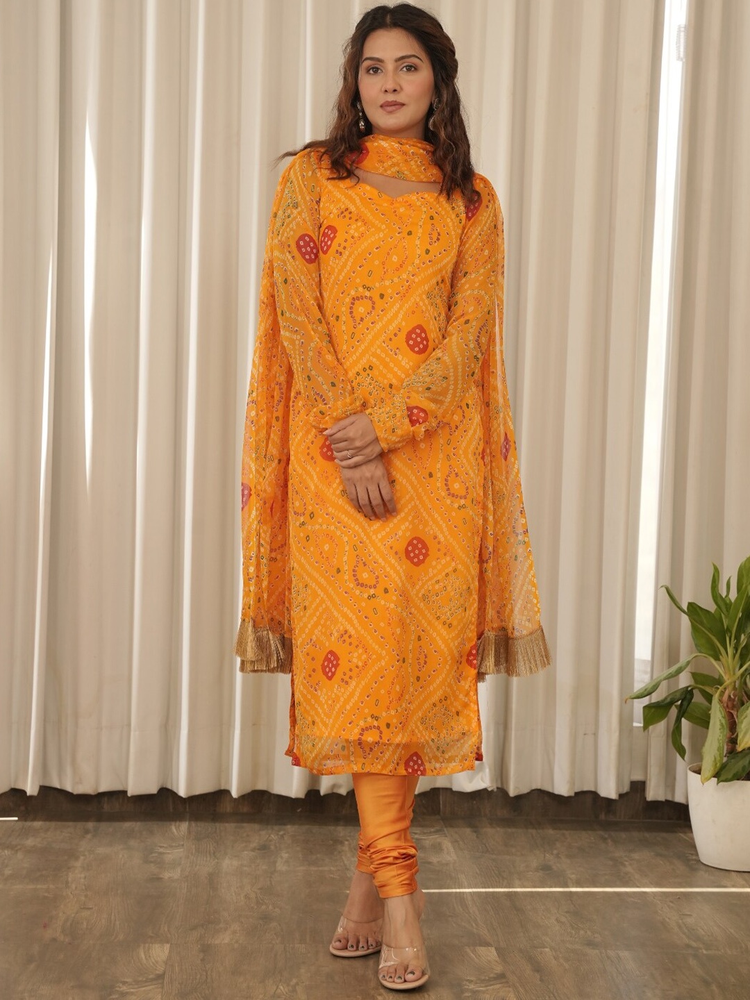 

OneWe Bandhani Printed Silk Chiffon Kurta with Churidar & Dupatta, Yellow