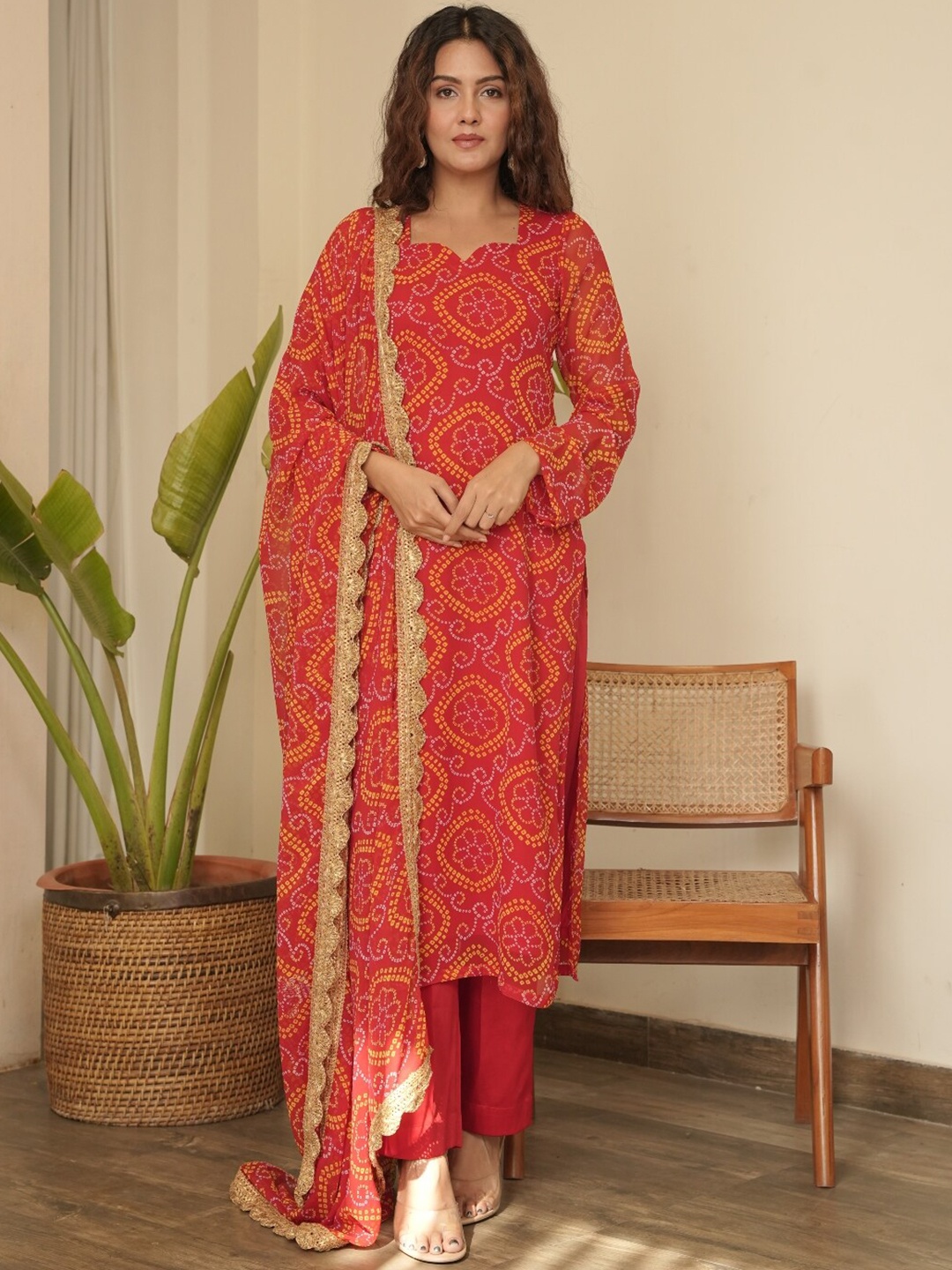 

OneWe Bandhani Printed Regular Gotta Patti Silk Georgette Kurta With Trousers & Dupatta, Red