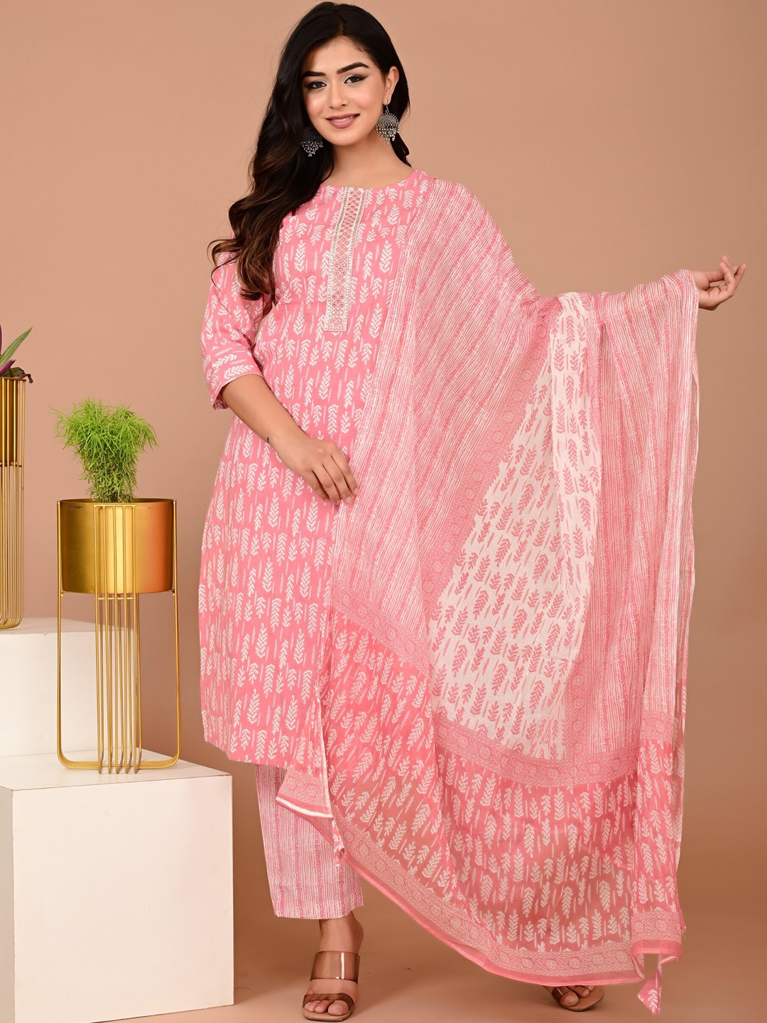 

KALINI Floral Printed Mirror Work Pure Cotton Kurta With Trousers & Dupatta, Pink