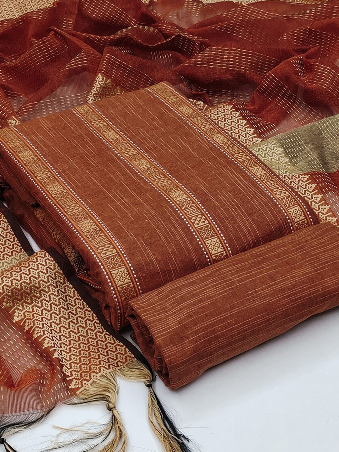 

Leeza Store Ethnic Motifs Jacquard Woven Design Unstitched Dress Material, Rust
