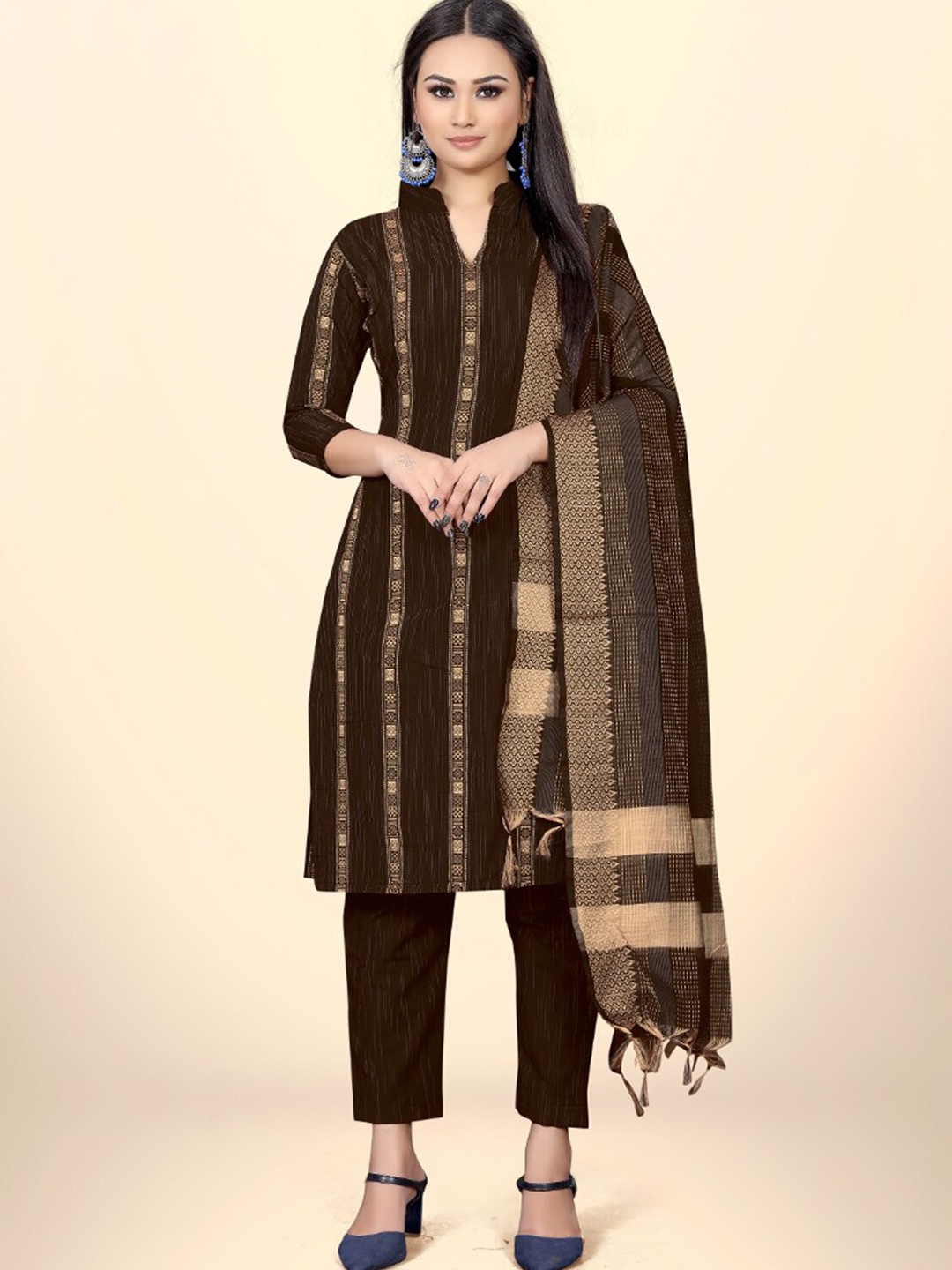 

Leeza Store Ethnic Motifs Jacquard Woven Design Unstitched Dress Material, Brown