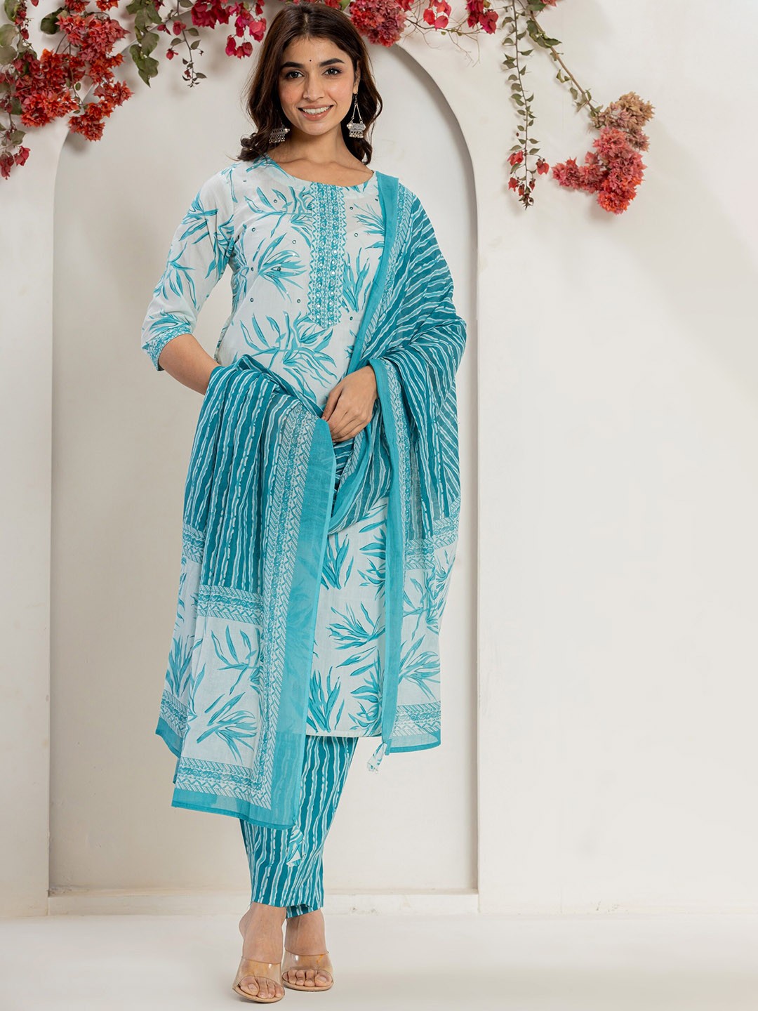 

INDYES Floral Printed Mirror Work Pure Cotton Kurta & Trousers With Dupatta, Turquoise blue