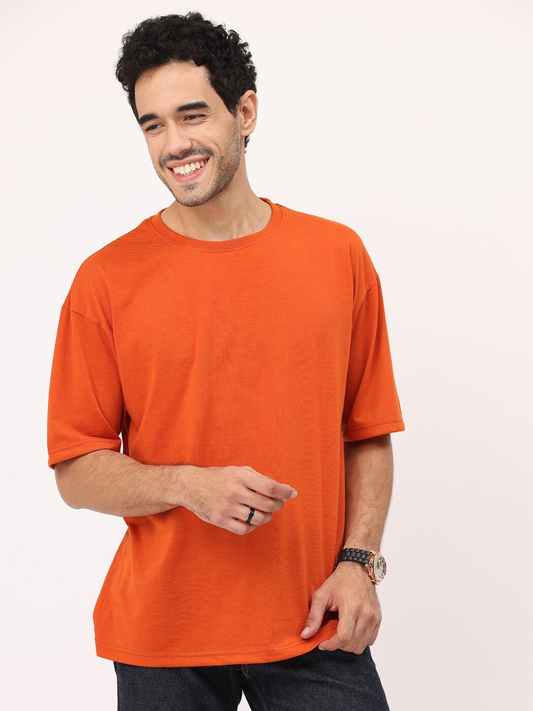 

Leotude Round Neck Drop Shoulder Sleeves T-Shirt, Orange