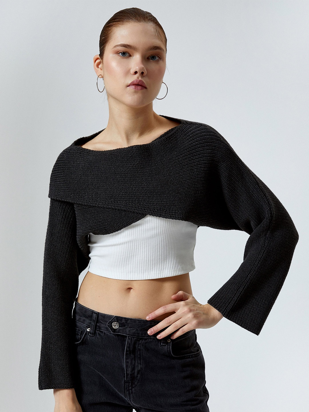 

Koton Self Designed Boat Neck Crop Pullover, Black