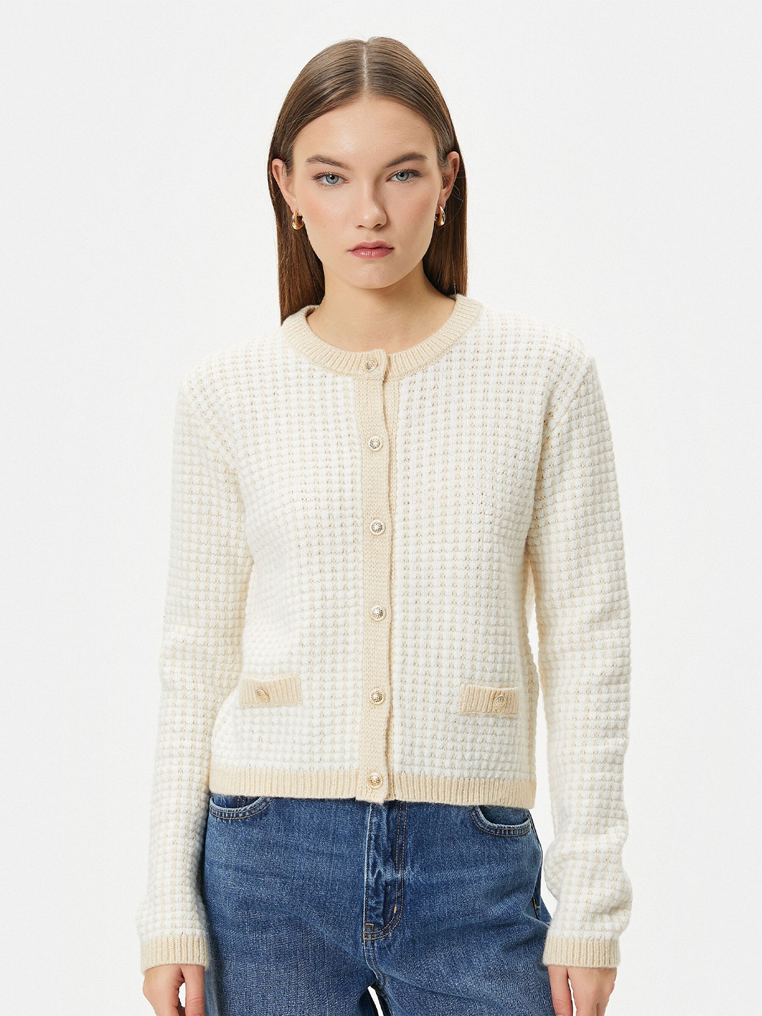 

Koton Cable Knit Self Design Cardigan Sweater, Beige