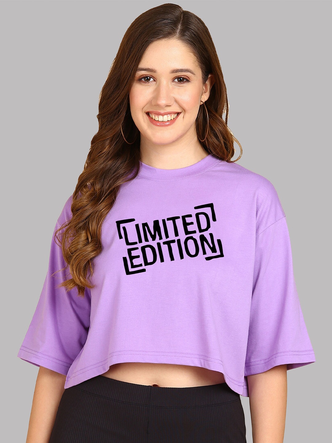 

Adyavastram Typography Printed Drop-Shoulder Sleeves Cotton Oversized Crop T-shirt, Lavender