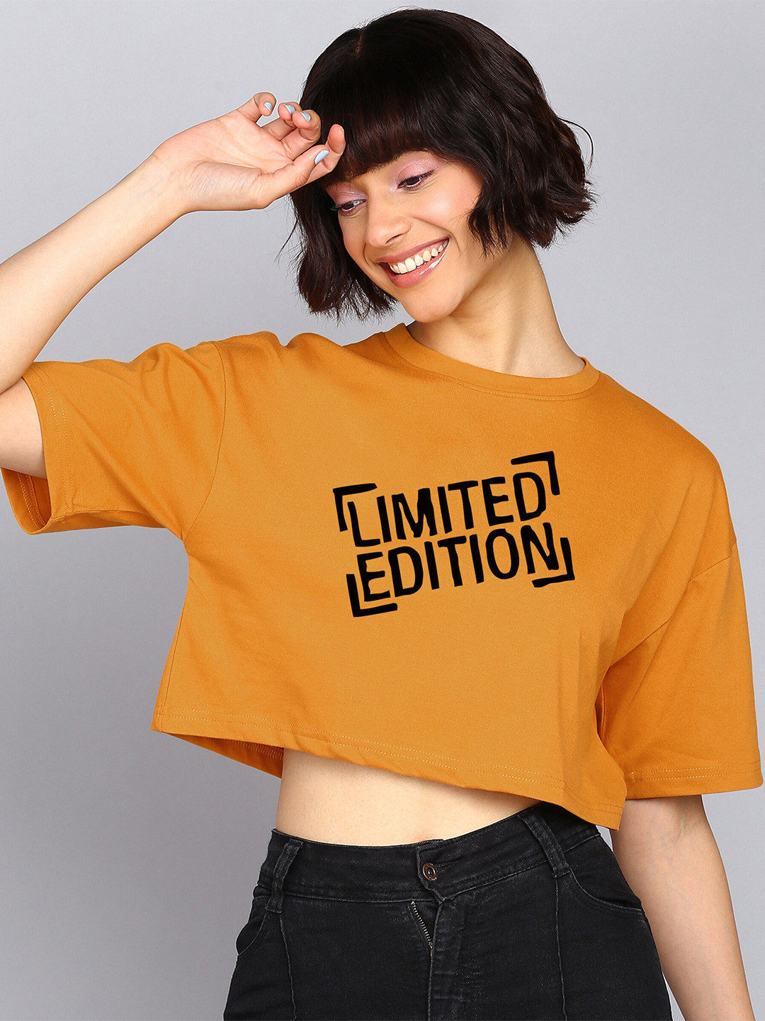 

Adyavastram Typography Printed Drop-Shoulder Sleeves Cotton Oversized Crop T-shirt, Yellow
