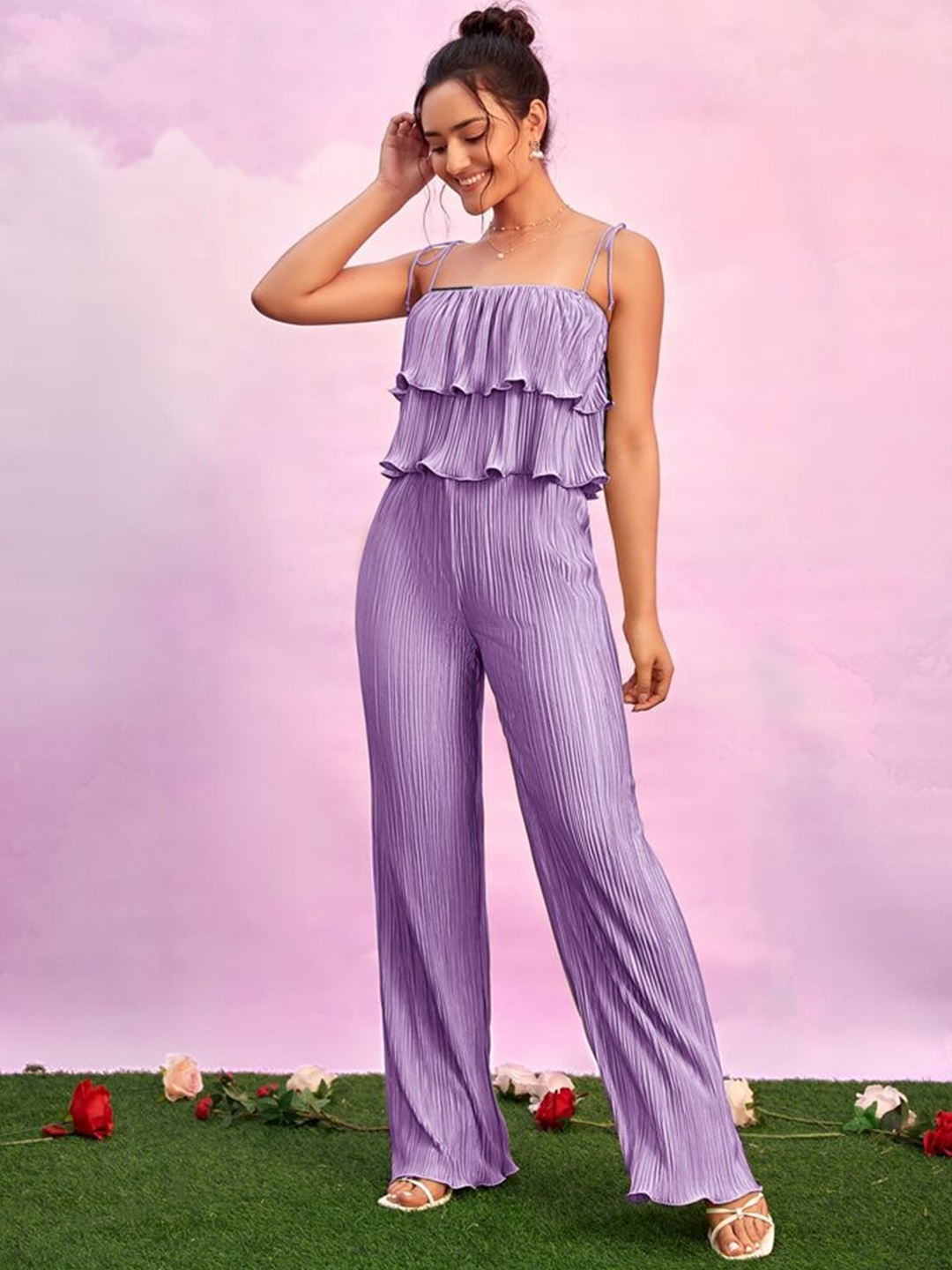

ATRAENTA Shoulder Straps Layered Top with Trousers, Purple
